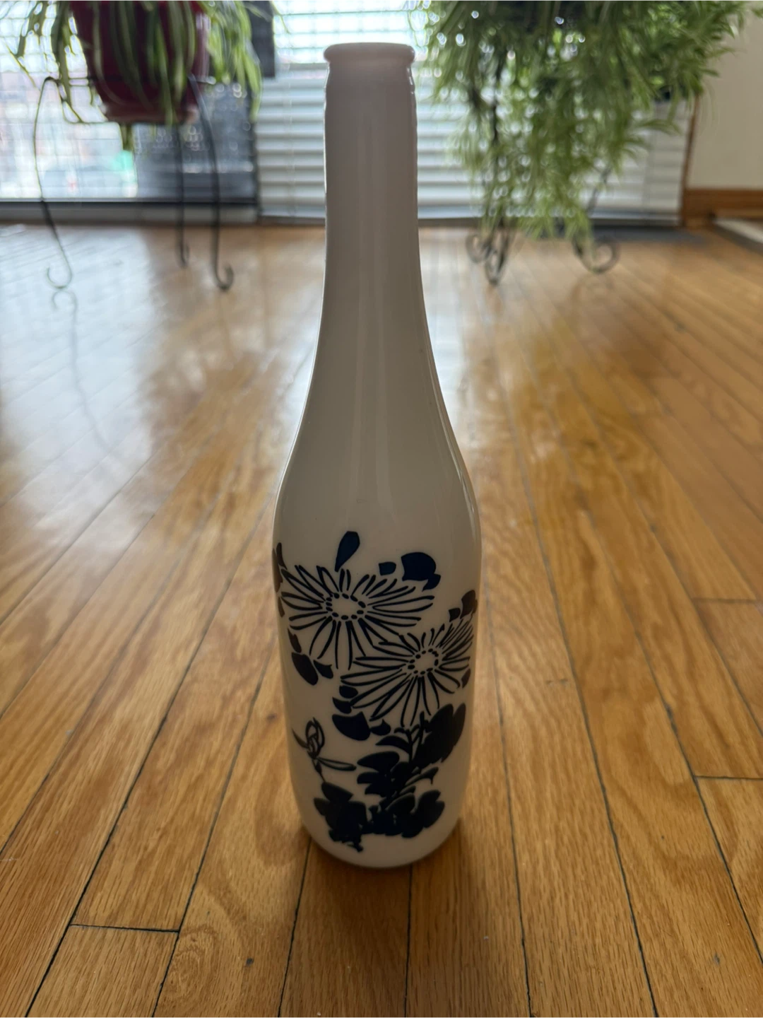 Japanese White Milk glass  vase with blue floral design