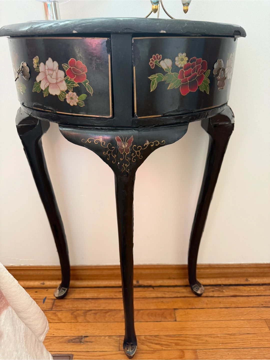 Vintage Black Lacquered Side Table with Floral Design