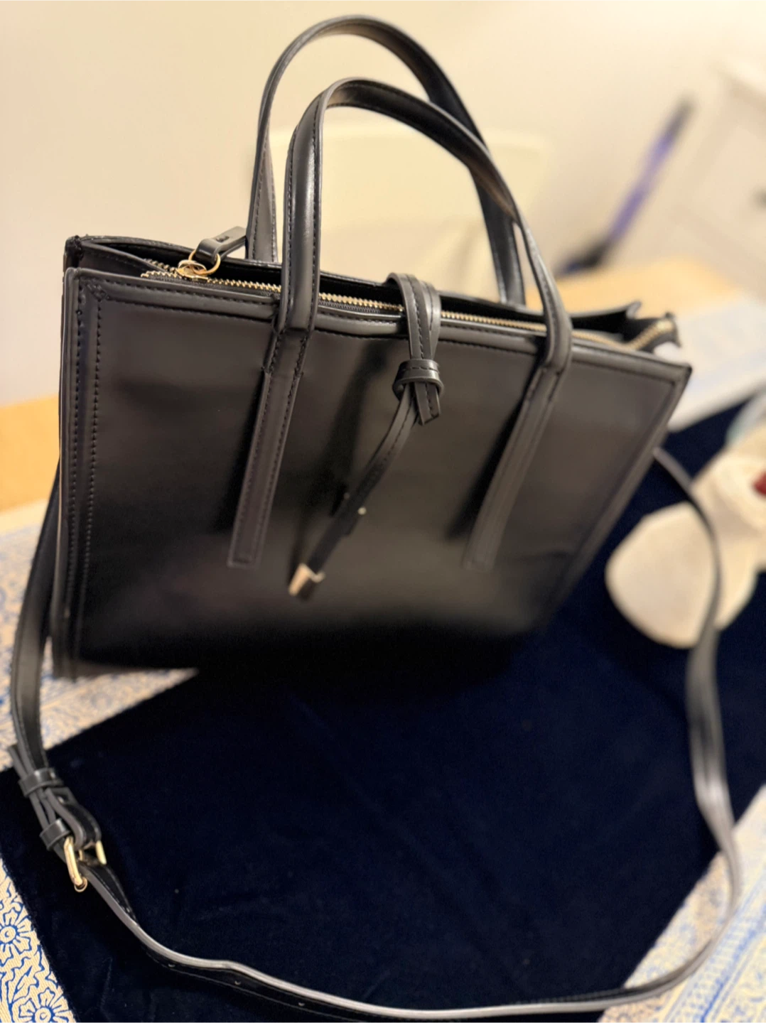 Black Faux Leather Tote Handbag