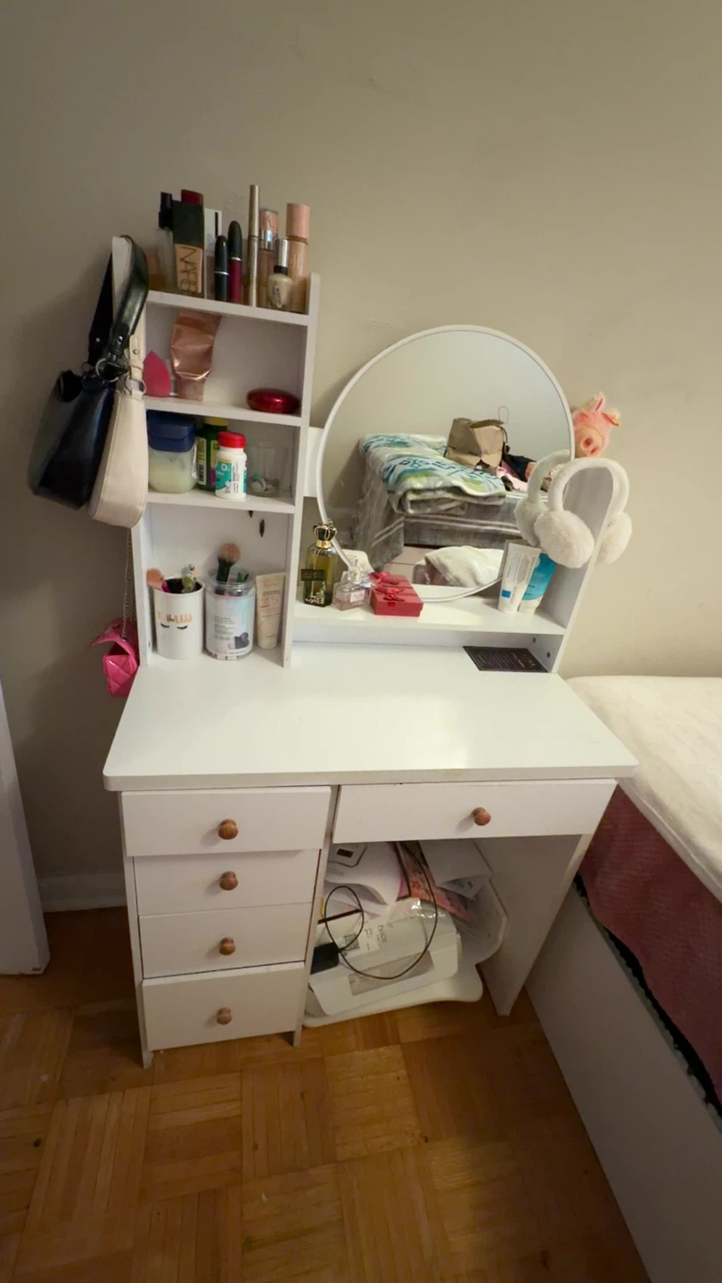 White Vanity Desk with Mirror and Storage