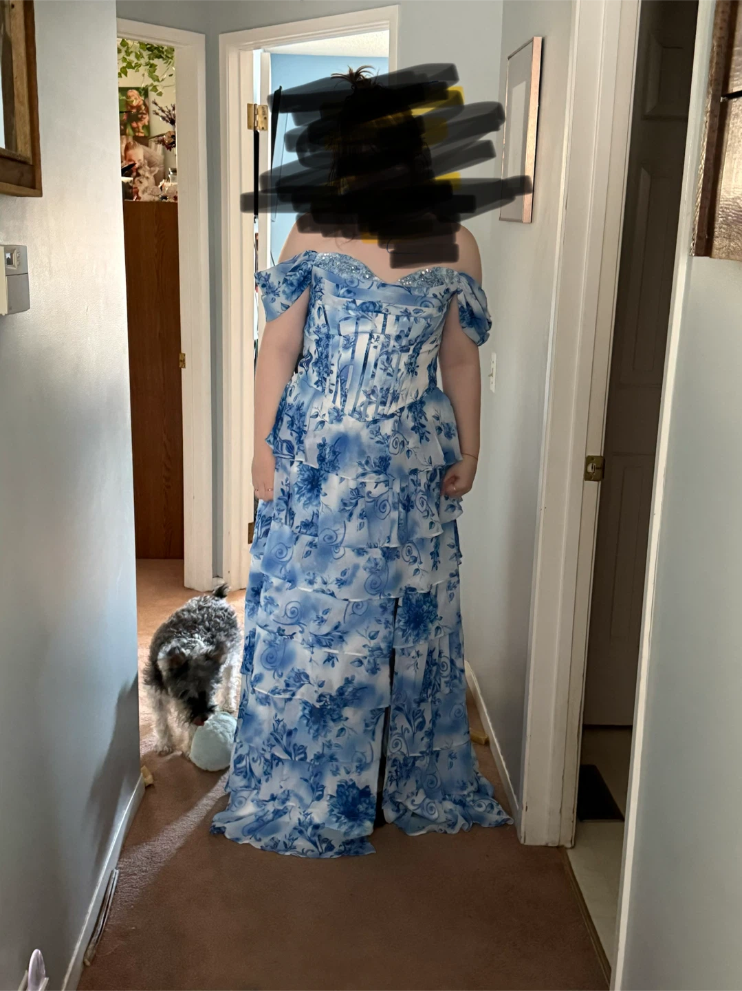 Blue Floral Off-the-Shoulder Tiered Maxi Dress size 14