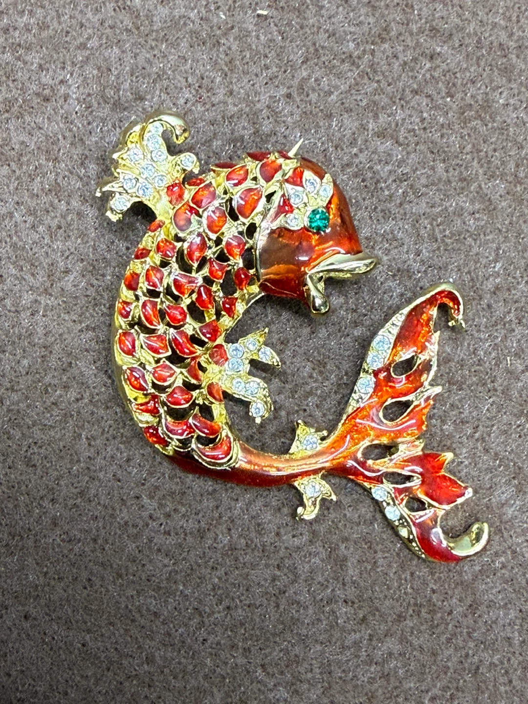 Gold Tone Red Koi Fish Brooch with Rhinestones - photo 2