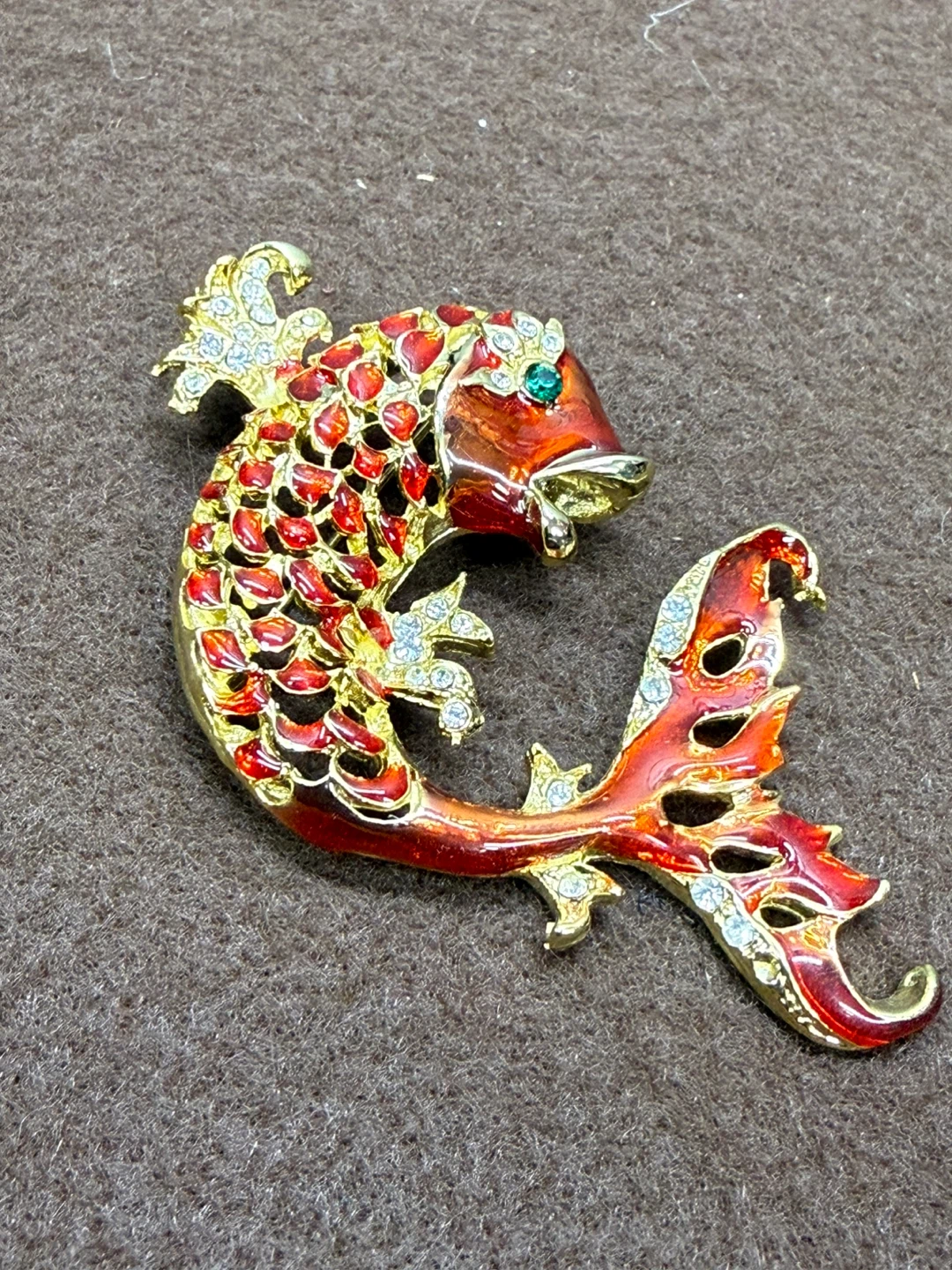 Gold Tone Red Koi Fish Brooch with Rhinestones