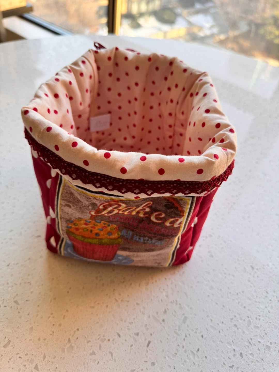 ❤️Fabric Storage Bin, Red with White Polka Dots & Cupcake Design
