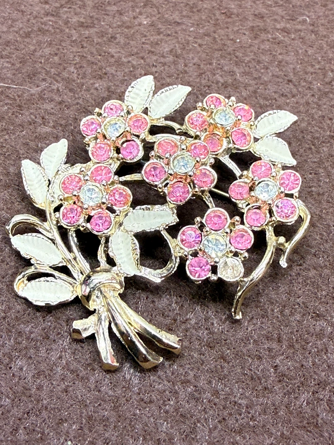 Vintage Pink Flower Brooch with Rhinestones