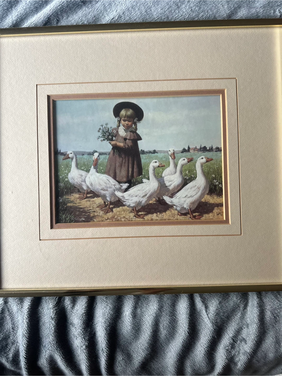 Framed Painting of Girl with Geese