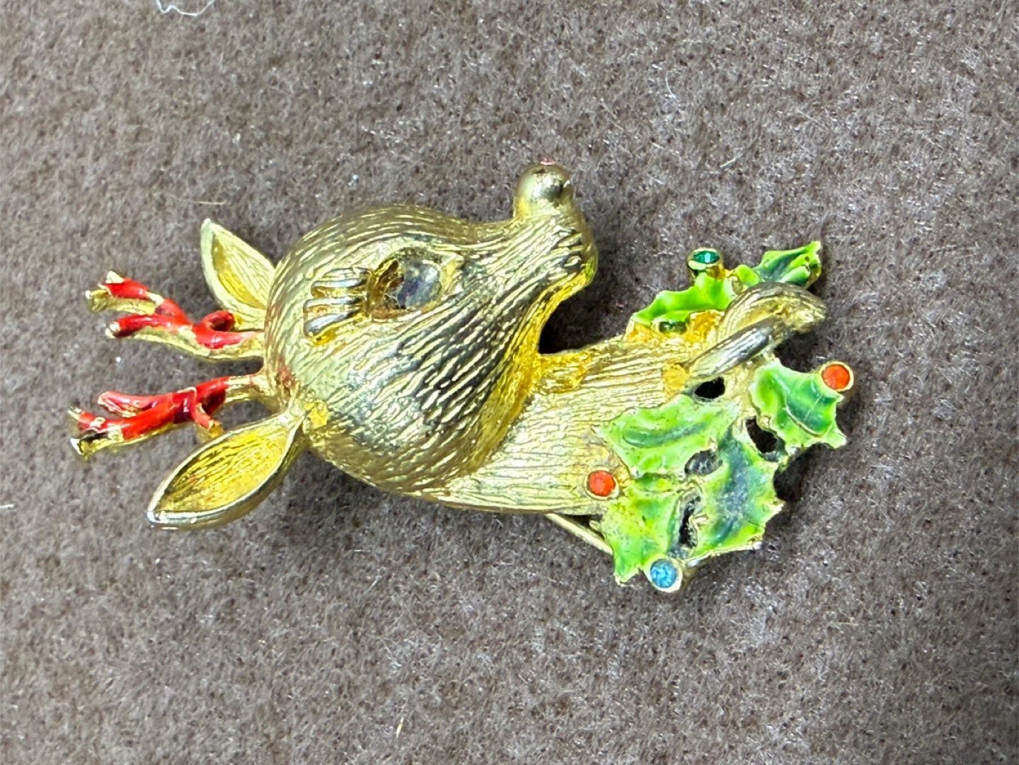 Gold Tone Reindeer and Holly Christmas Brooch Pin - photo 3