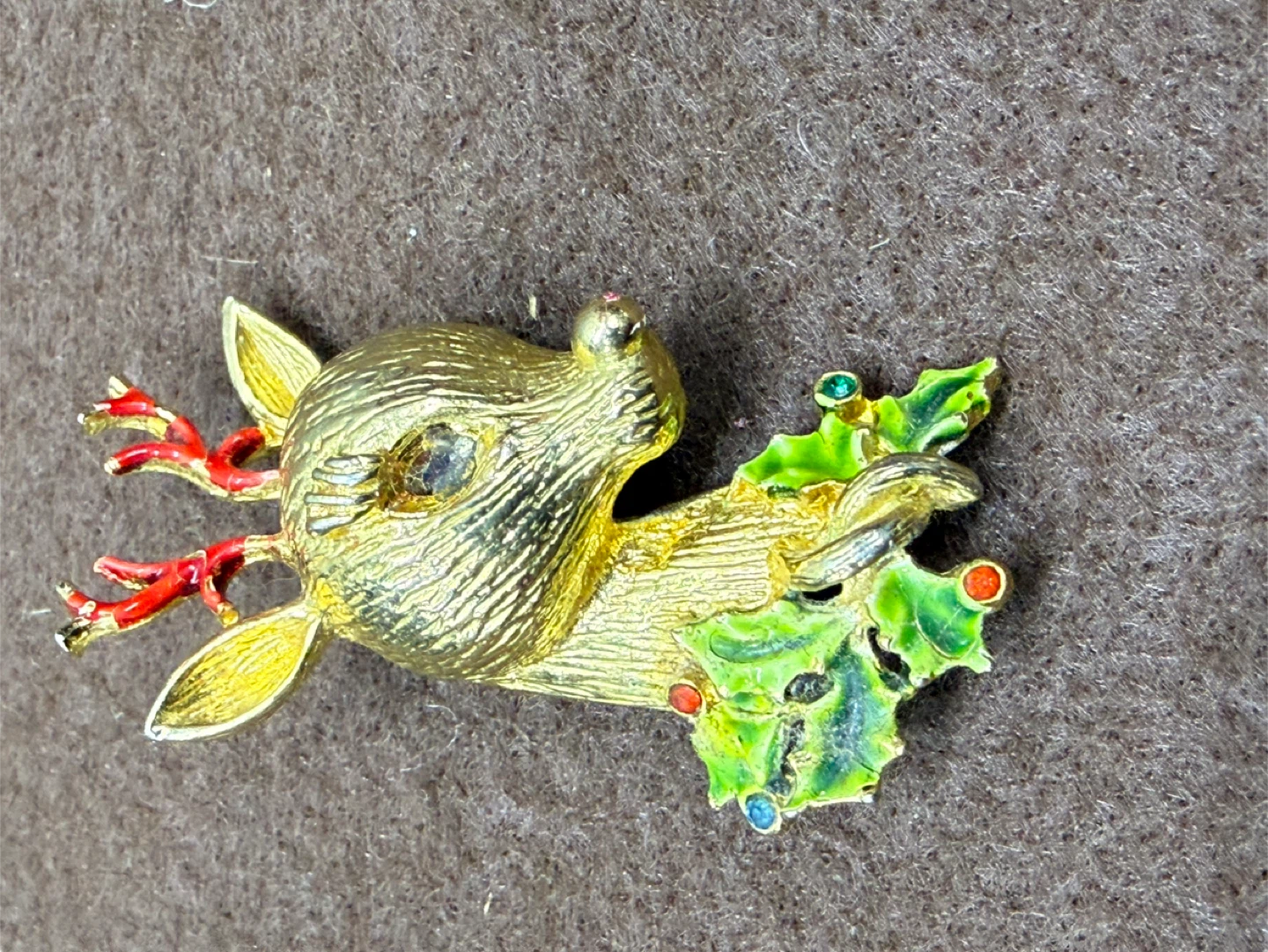 Gold Tone Reindeer and Holly Christmas Brooch Pin