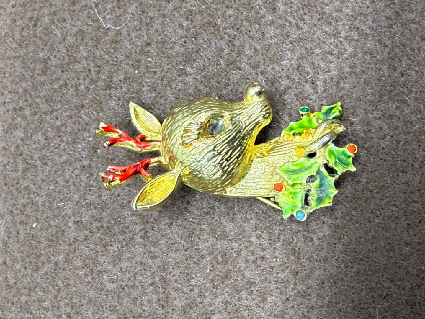 Gold Tone Reindeer and Holly Christmas Brooch Pin - photo 2
