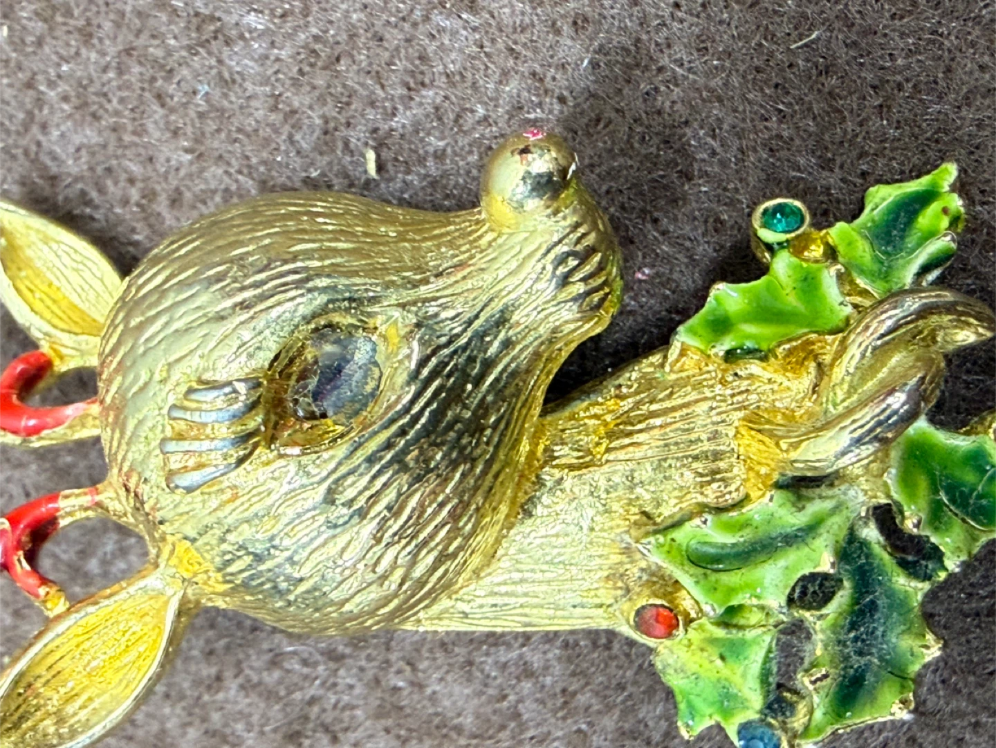 Gold Tone Reindeer and Holly Christmas Brooch Pin - photo 4