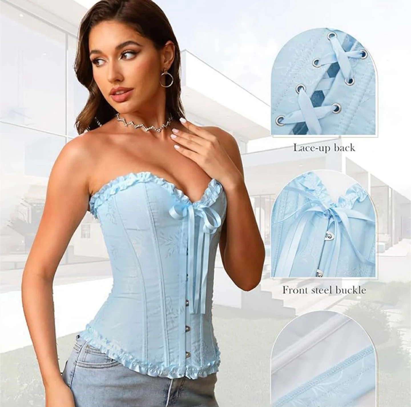 Light Blue Corset with Lace-Up Back and Front Buckle