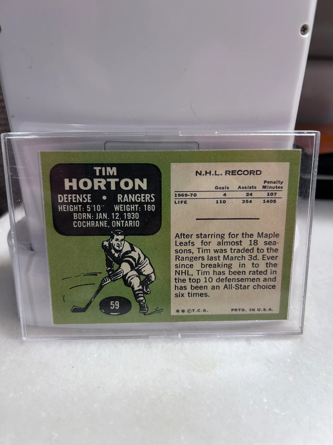 Tim Horton 1970-71 Topps Hockey Card N.Y. Rangers Defense - photo 2