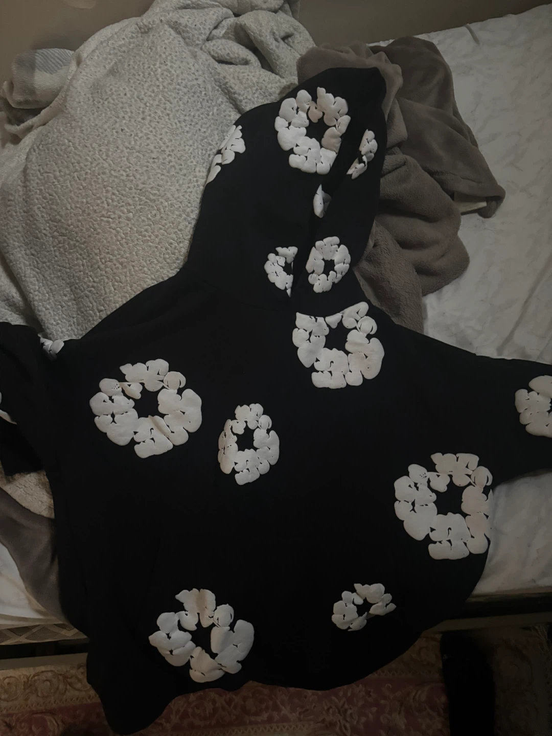 Black Hoodie with White Flower Print