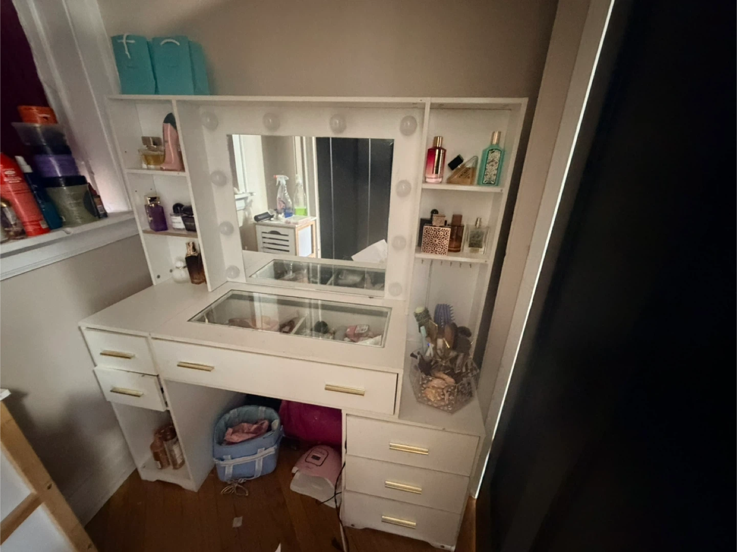 White Vanity Desk with Lighted Mirror & Storage