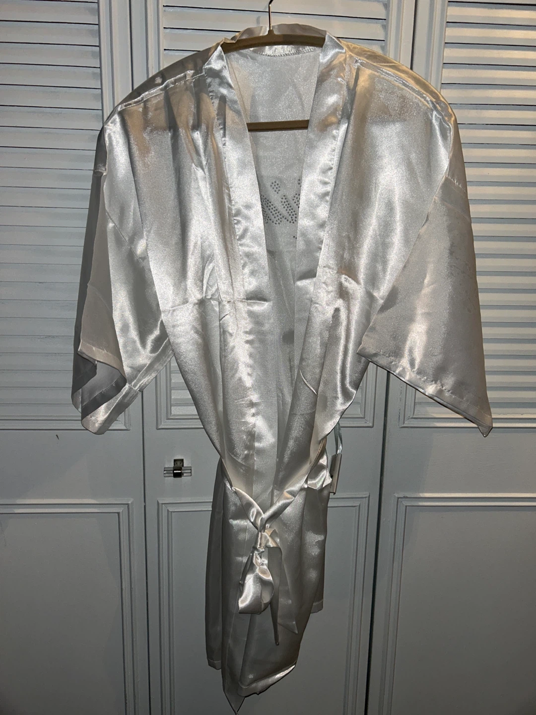 White satin 'Bride' robe with rhinestones & MRS earrings