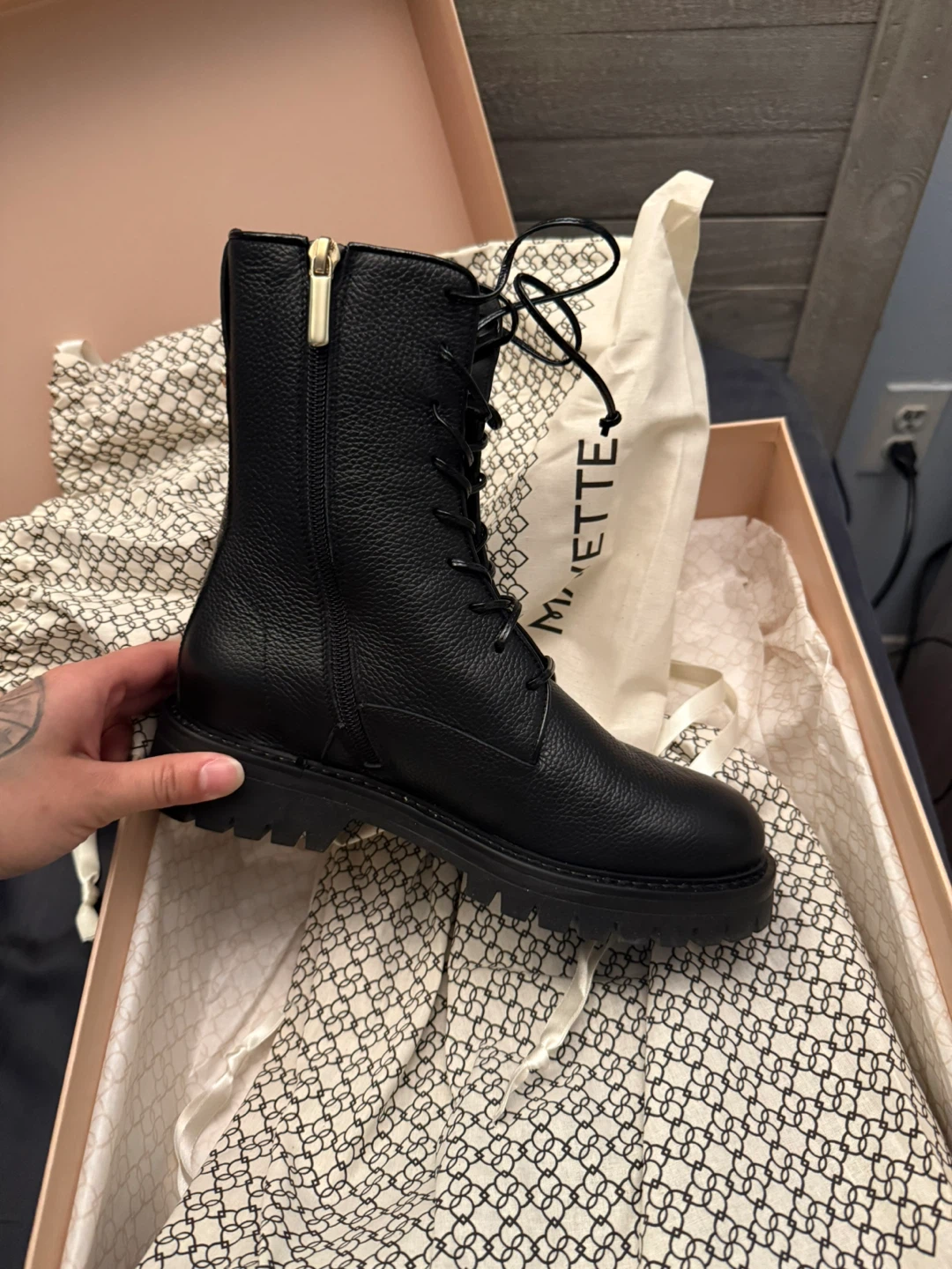 Mavette Black Leather Lace-Up Combat Boots