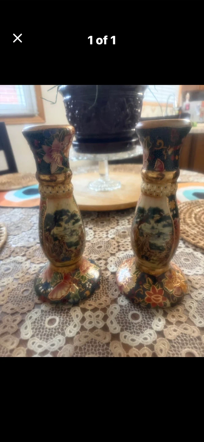 Satsuma Pair of Decorative Candlesticks