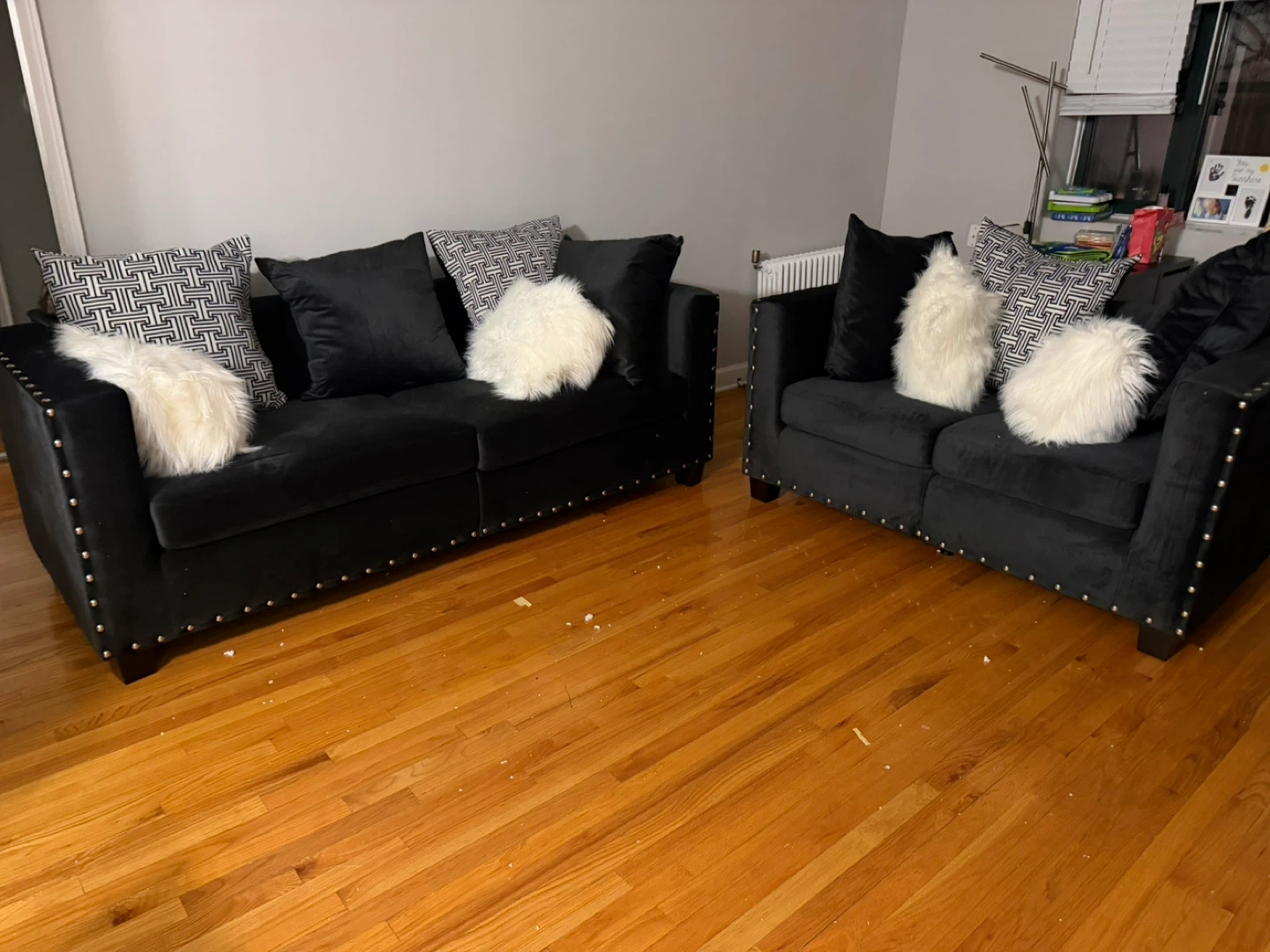 Black Velvet Sofa Set with Decorative Pillows