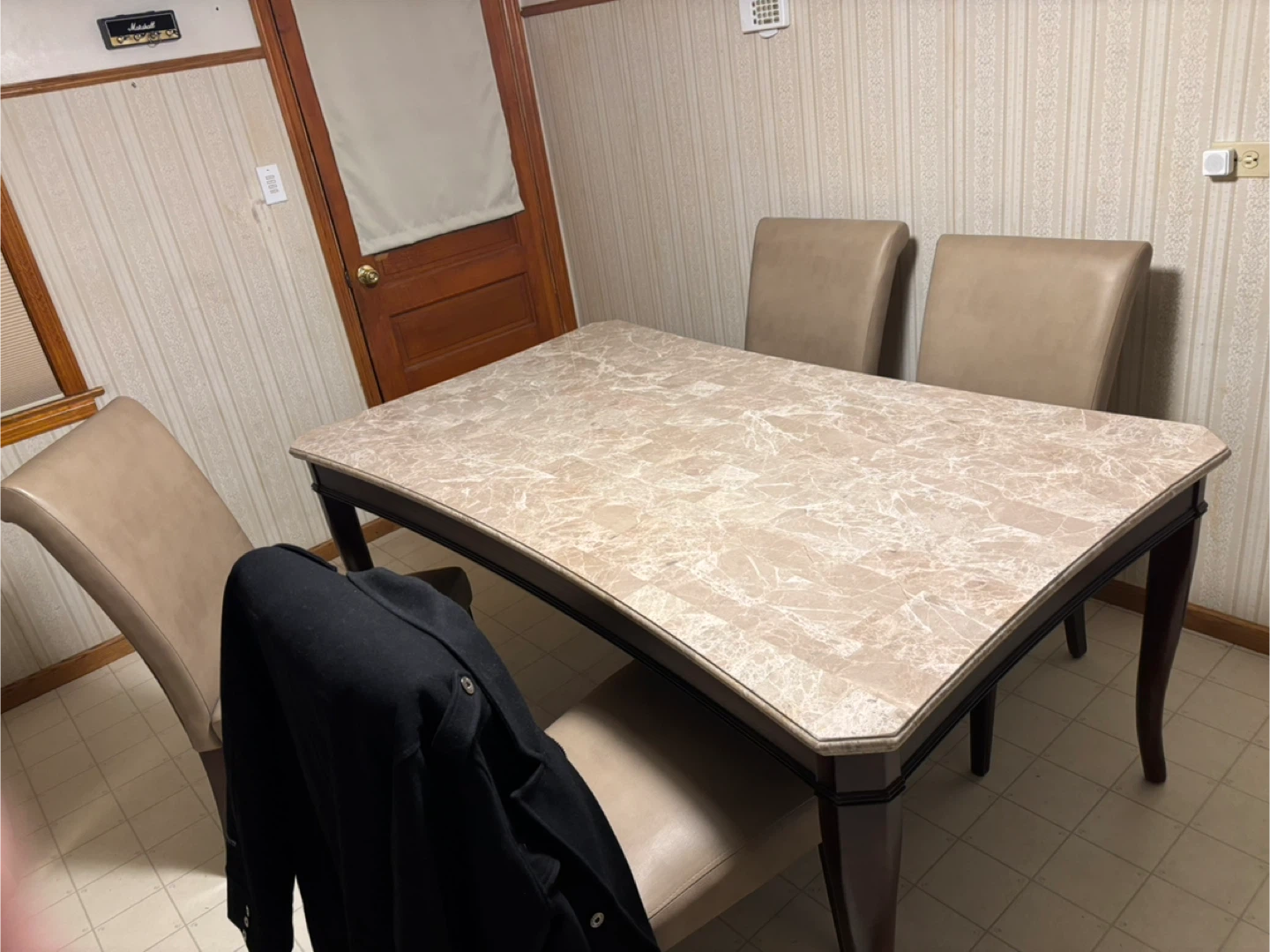 Dining table, marble top 6 chairs