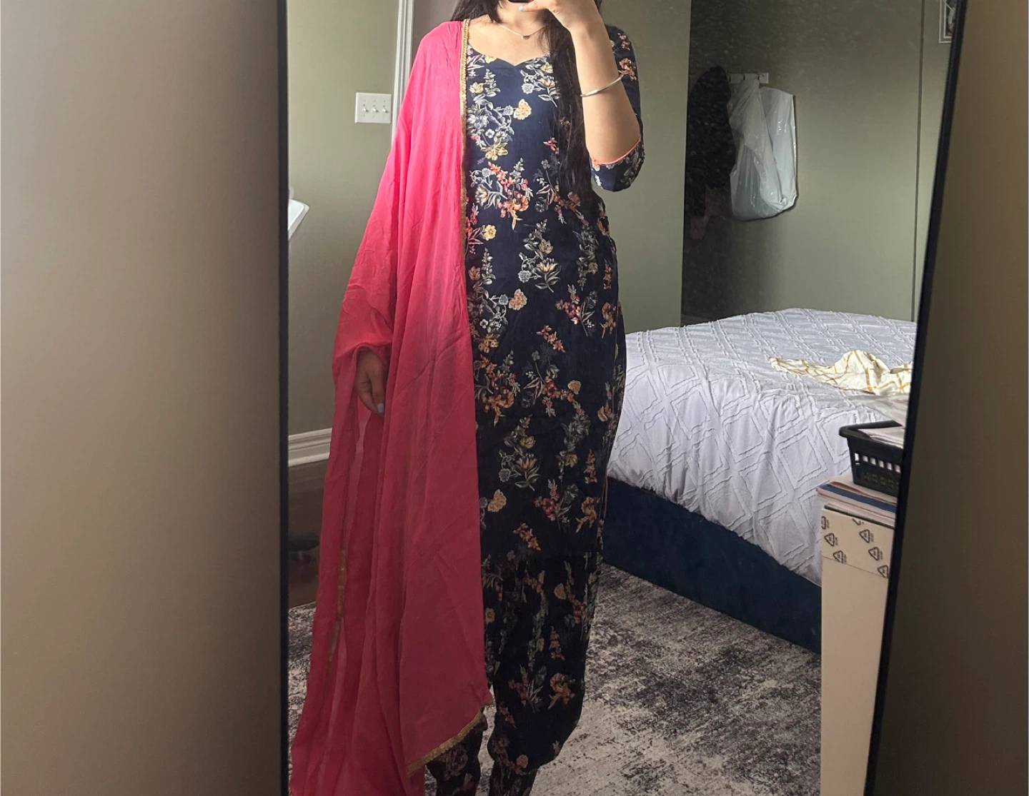 Floral Print suit with Pink Dupatta - small