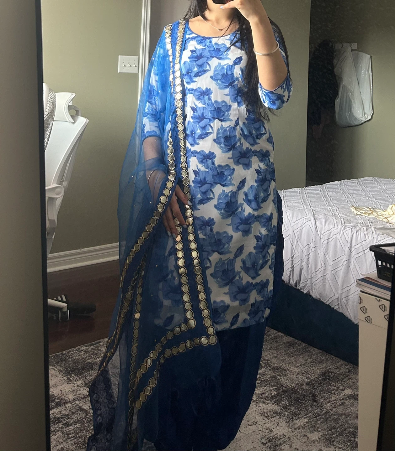 Blue Floral Print Punjabi Suit with Dupatta - small