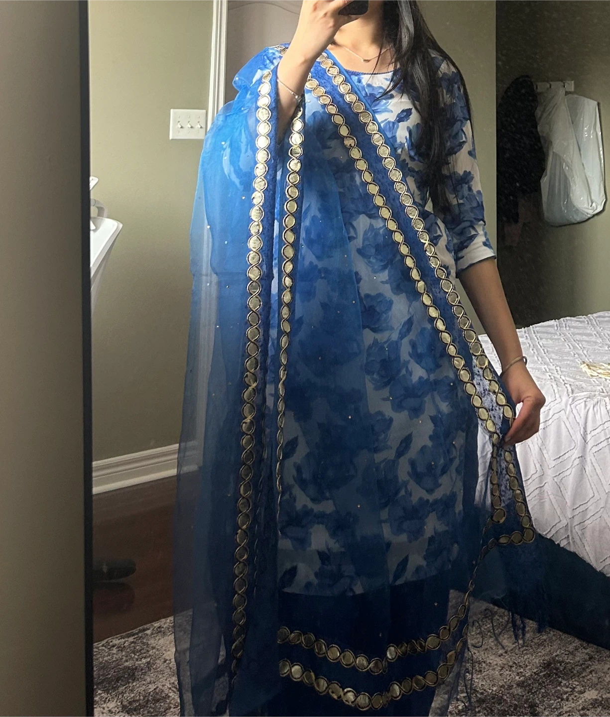 Blue Floral Print Punjabi Suit with Dupatta - small - photo 2