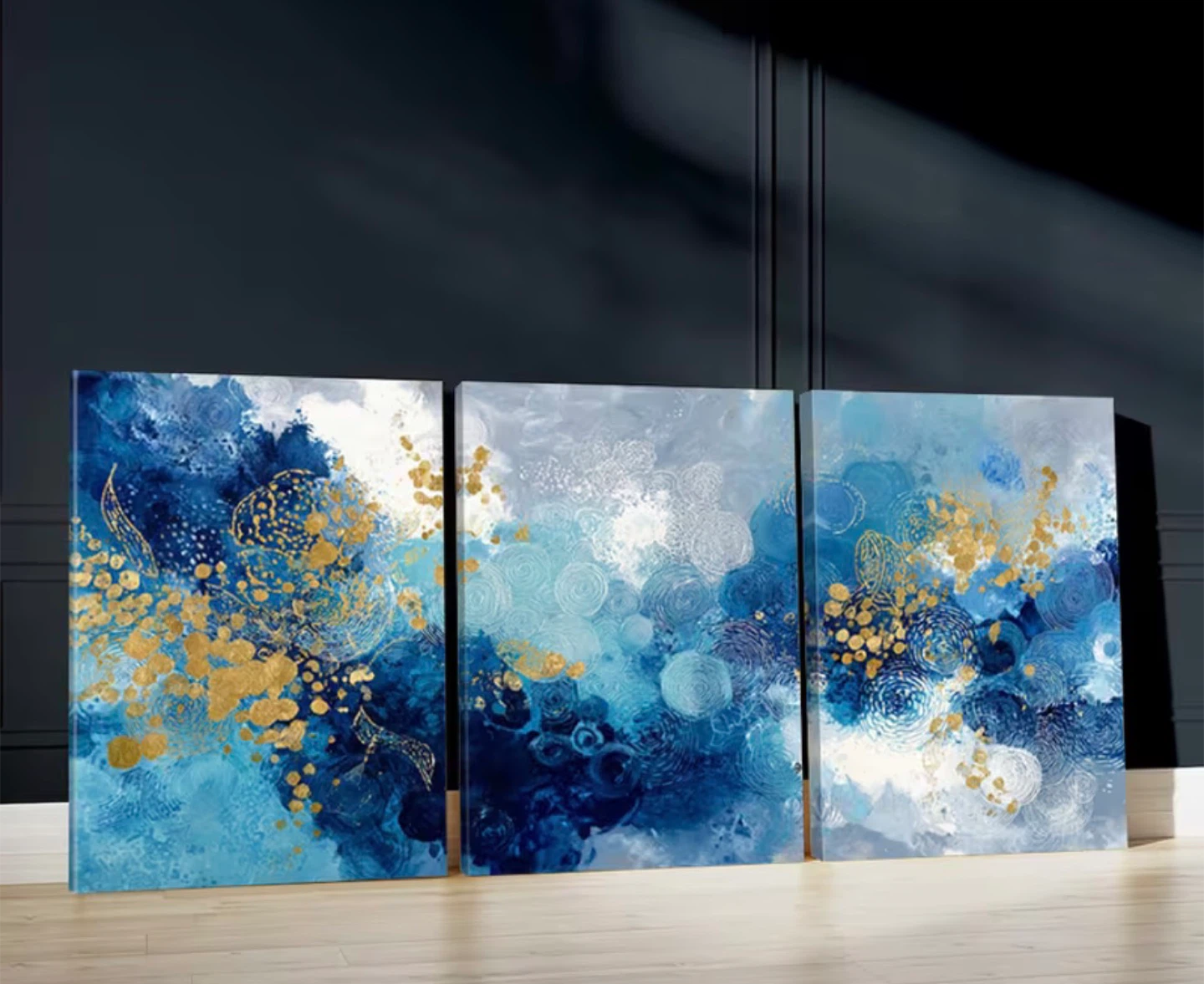 Set of 3 Blue and Gold Abstract Canvas Wall Art-LARGE SIZE