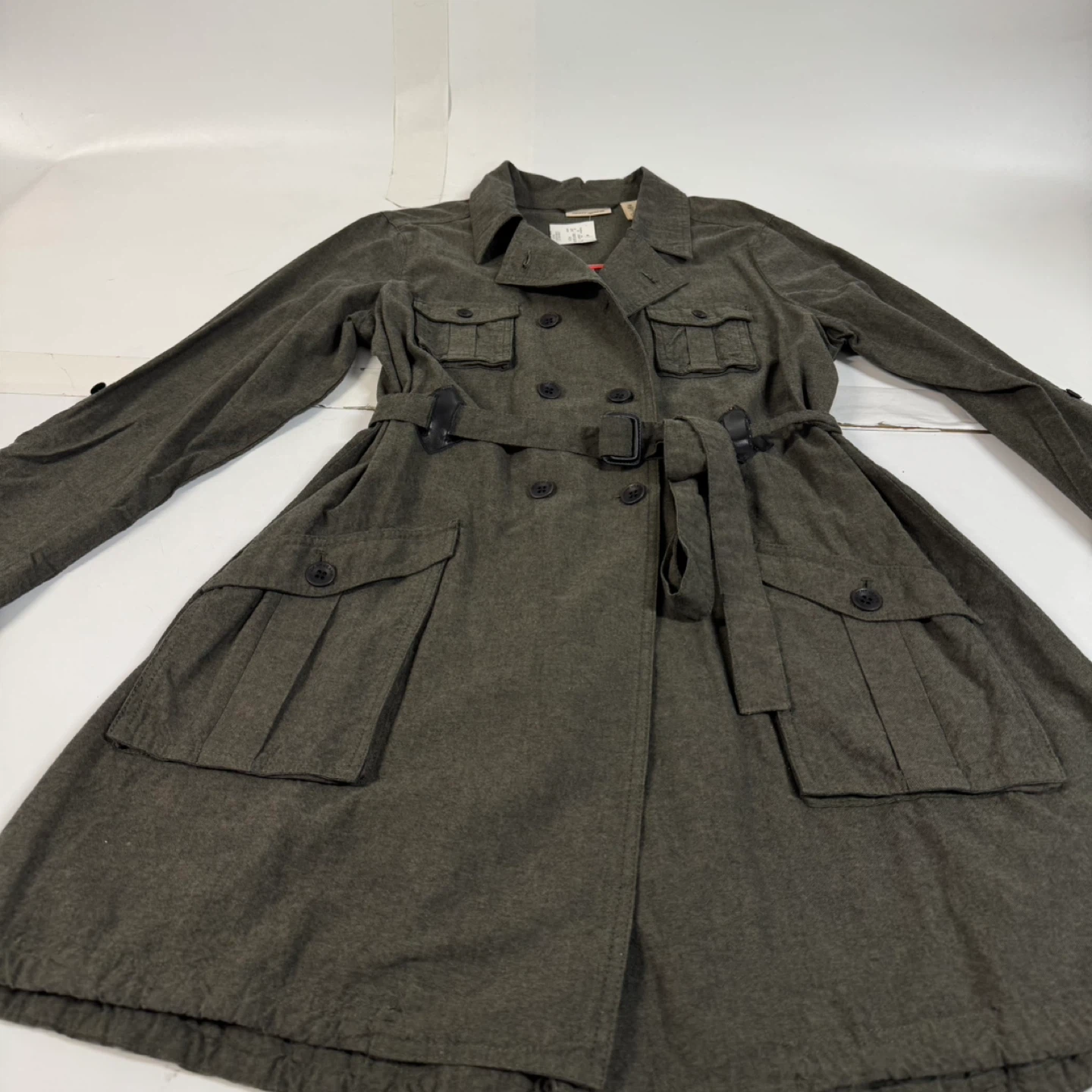 DKNY Jeans Women’s Green Utility Trench Coat Belted Size L NWT - photo 3