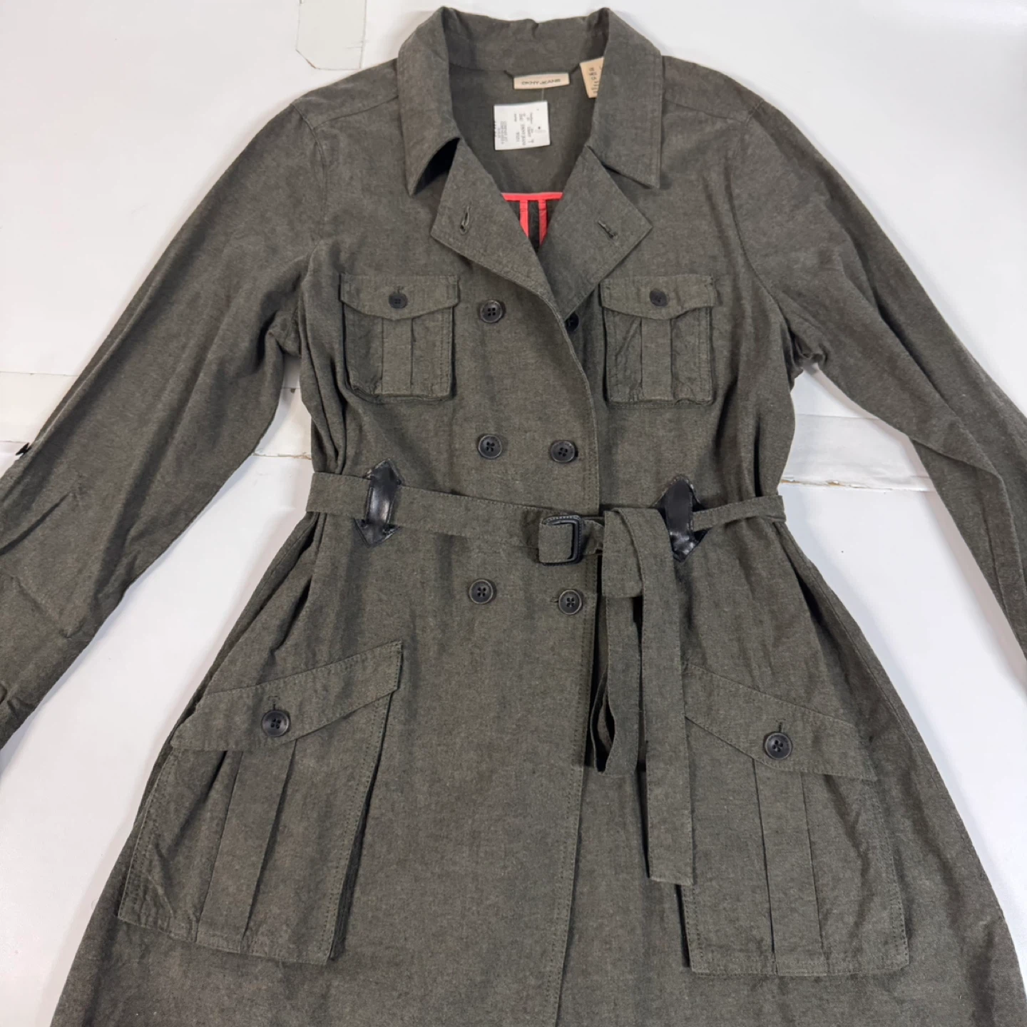 DKNY Jeans Women’s Green Utility Trench Coat Belted Size L NWT - photo 4