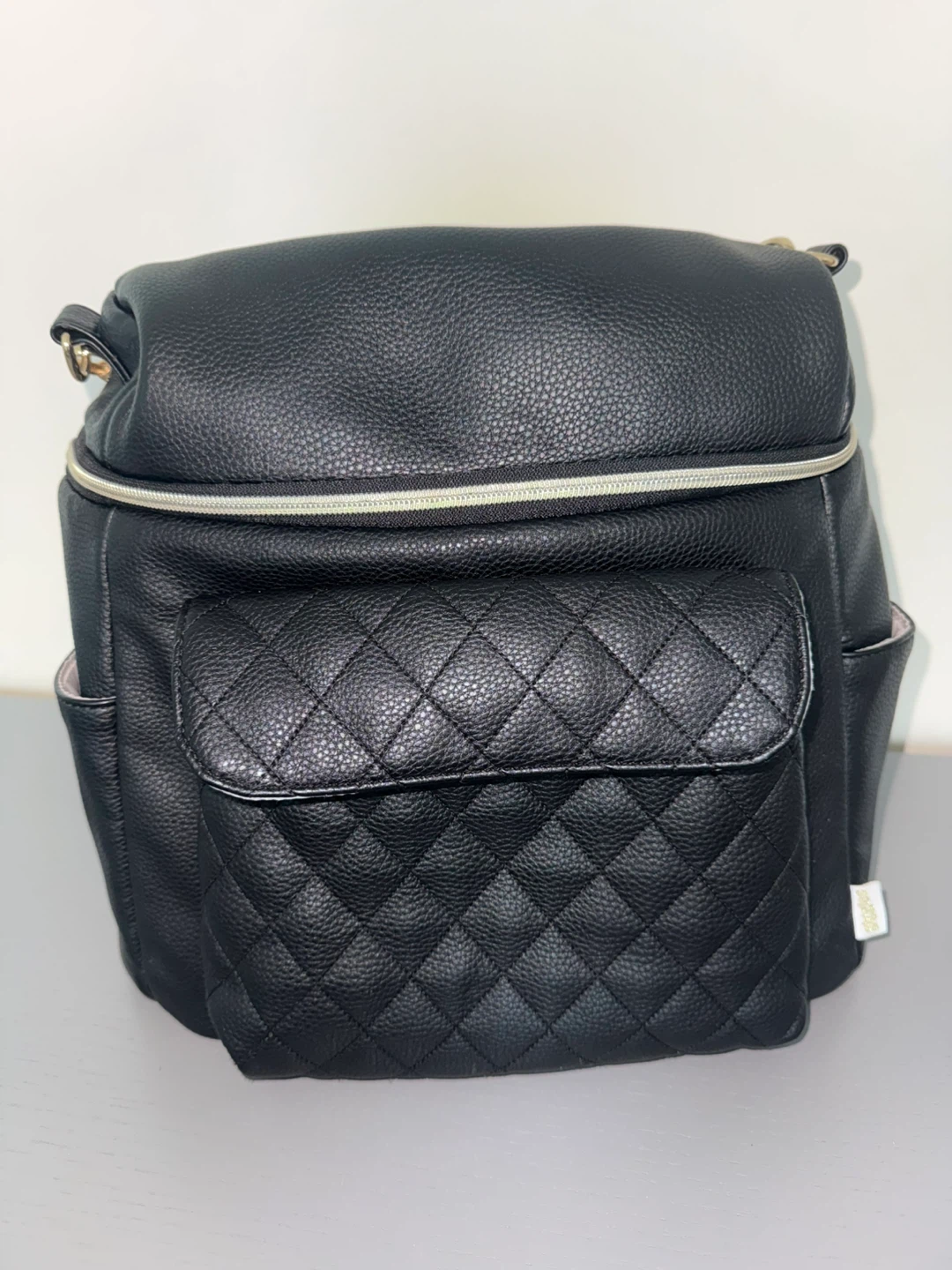 Giggles Black Faux Leather Quilted Diaper Bag Backpack