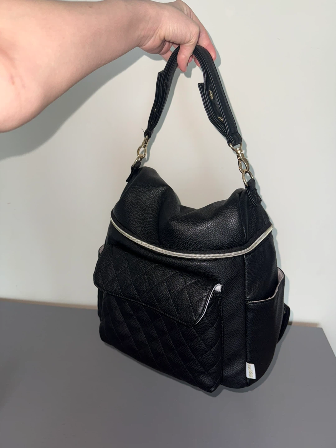 Giggles Black Faux Leather Quilted Diaper Bag Backpack - photo 4