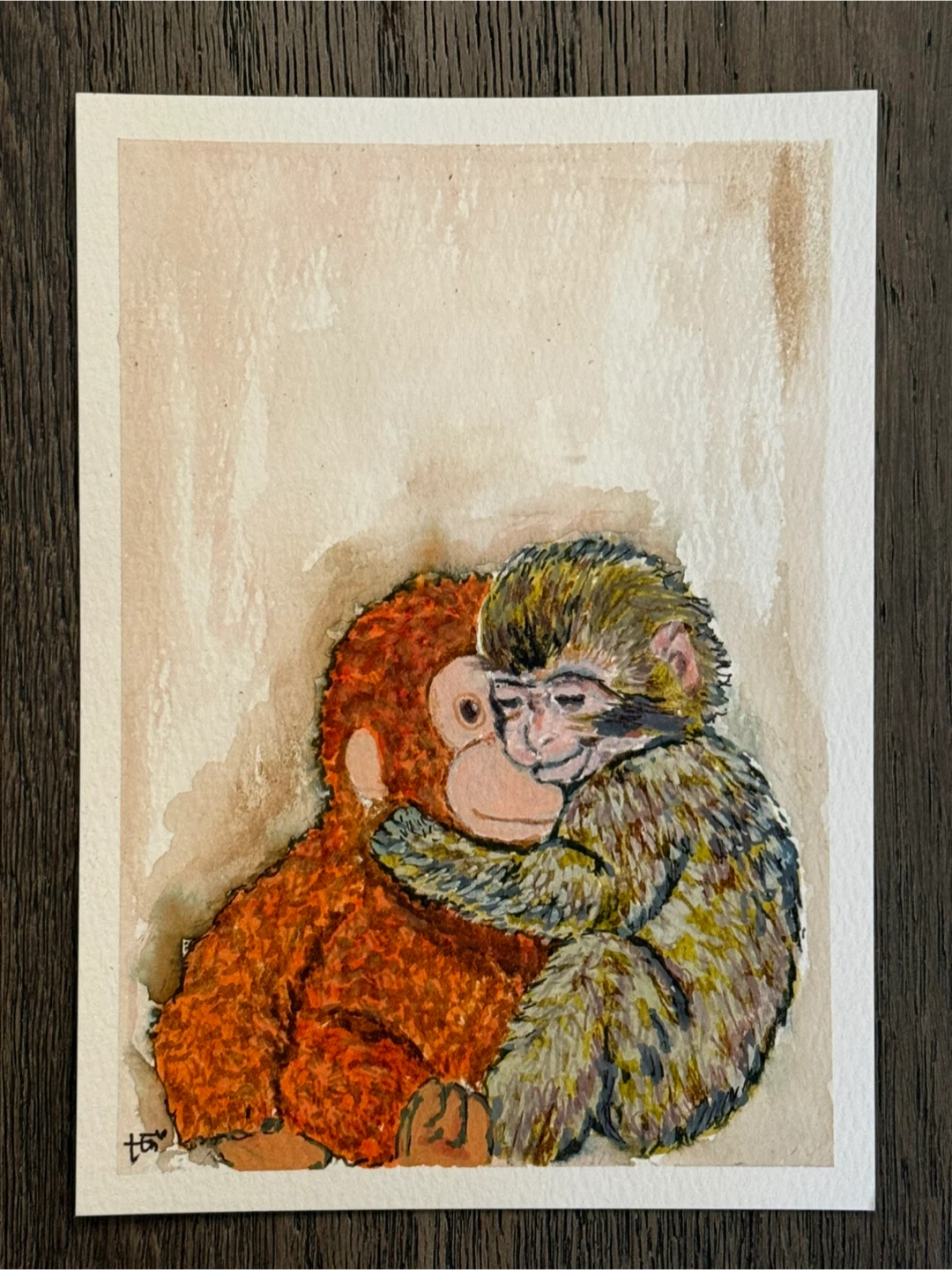 NEW Punch! Original Mixed Media Art of Monkey Hugging Orangutan