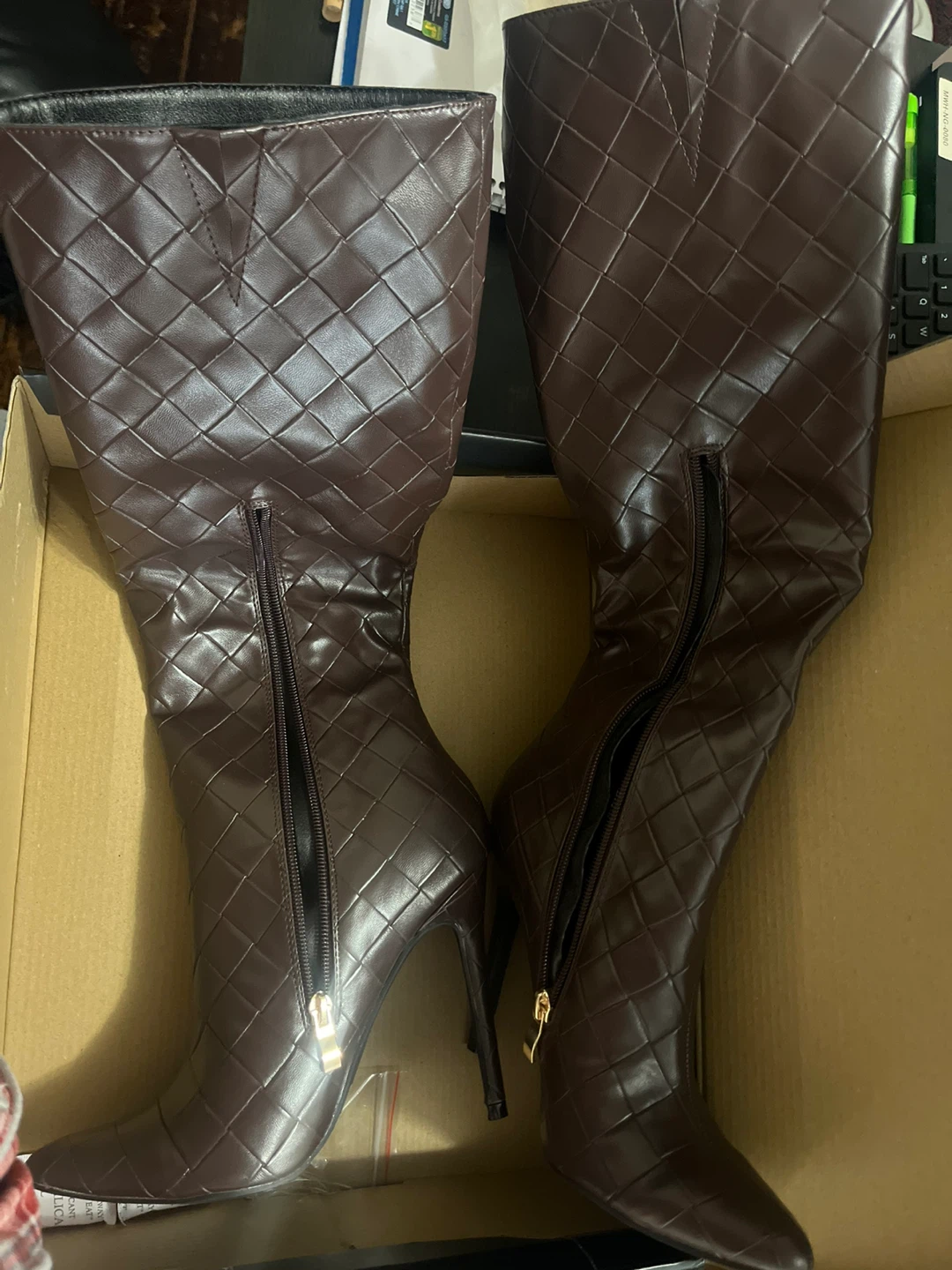 Dark Brown Quilted Knee-High Stiletto Boots - Size 7