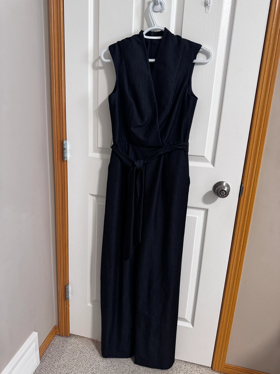 Calvin Klein Sleeveless denim-look jumpsuit with belt