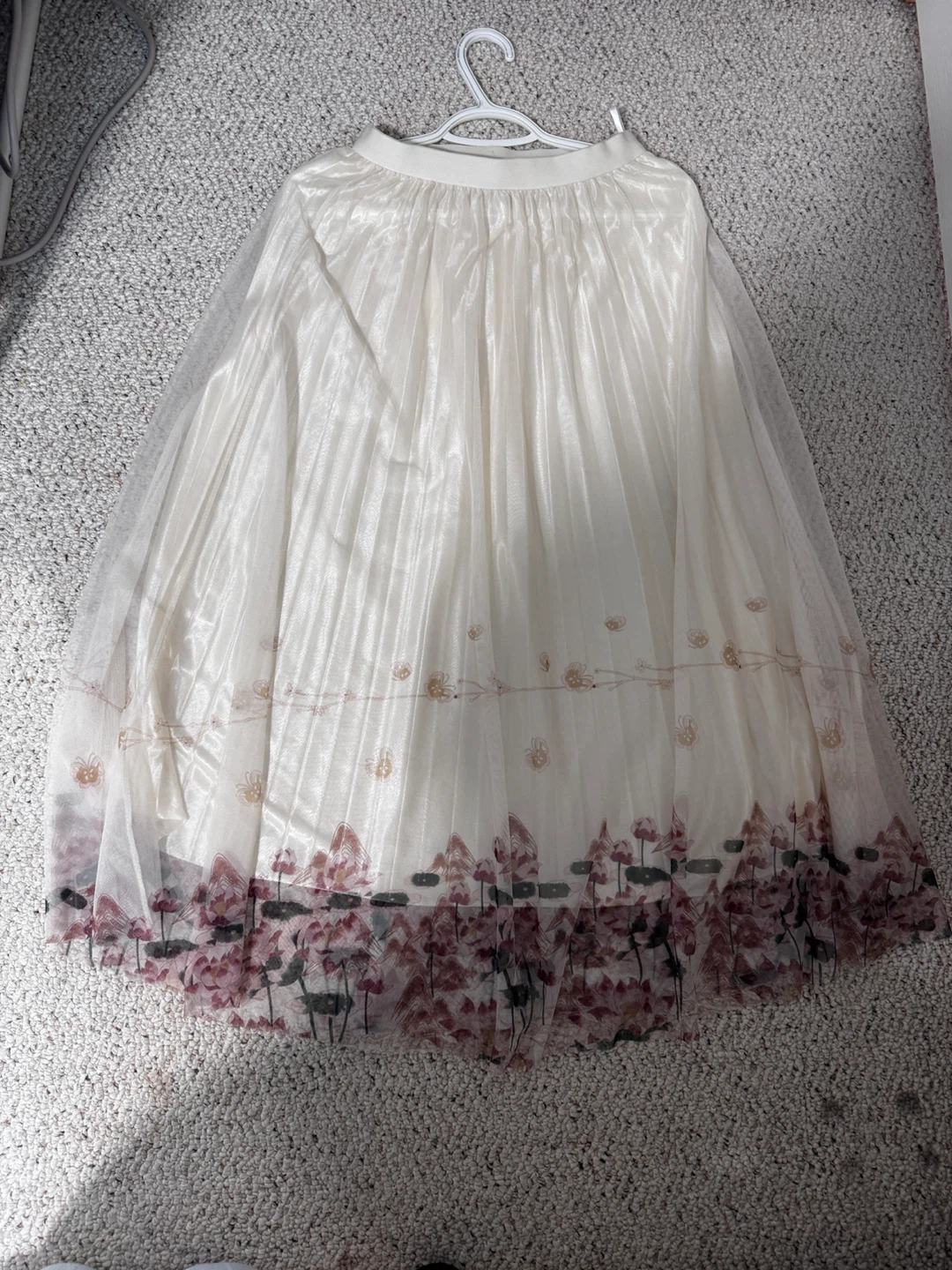 White Pleated Tulle Skirt with Floral Print