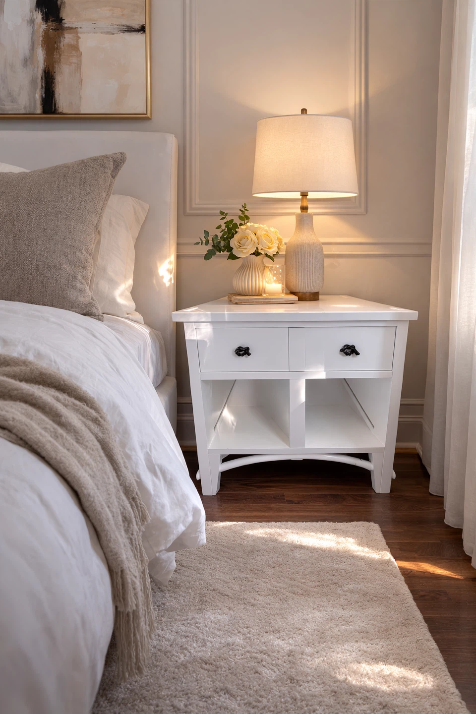 White Nightstand with Rope Knobs