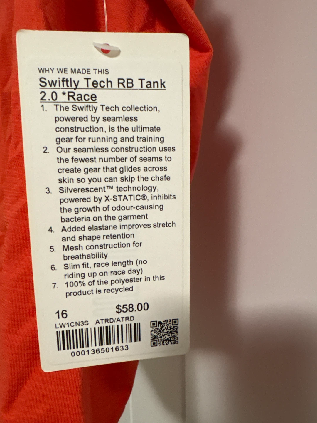 New Lululemon Swiftly Tech RB Tank 2.0 Race - Orange, Size 16 - photo 2