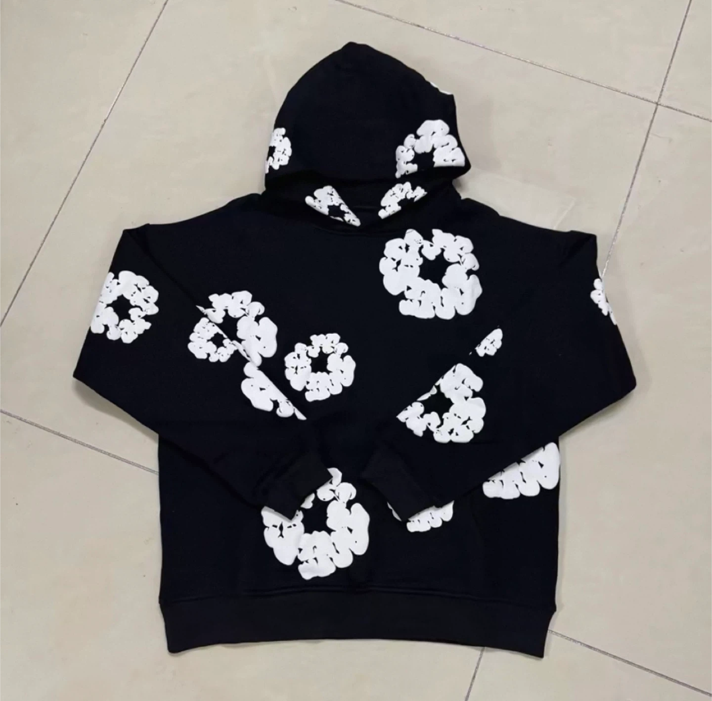 Black Hoodie with White Flower Print