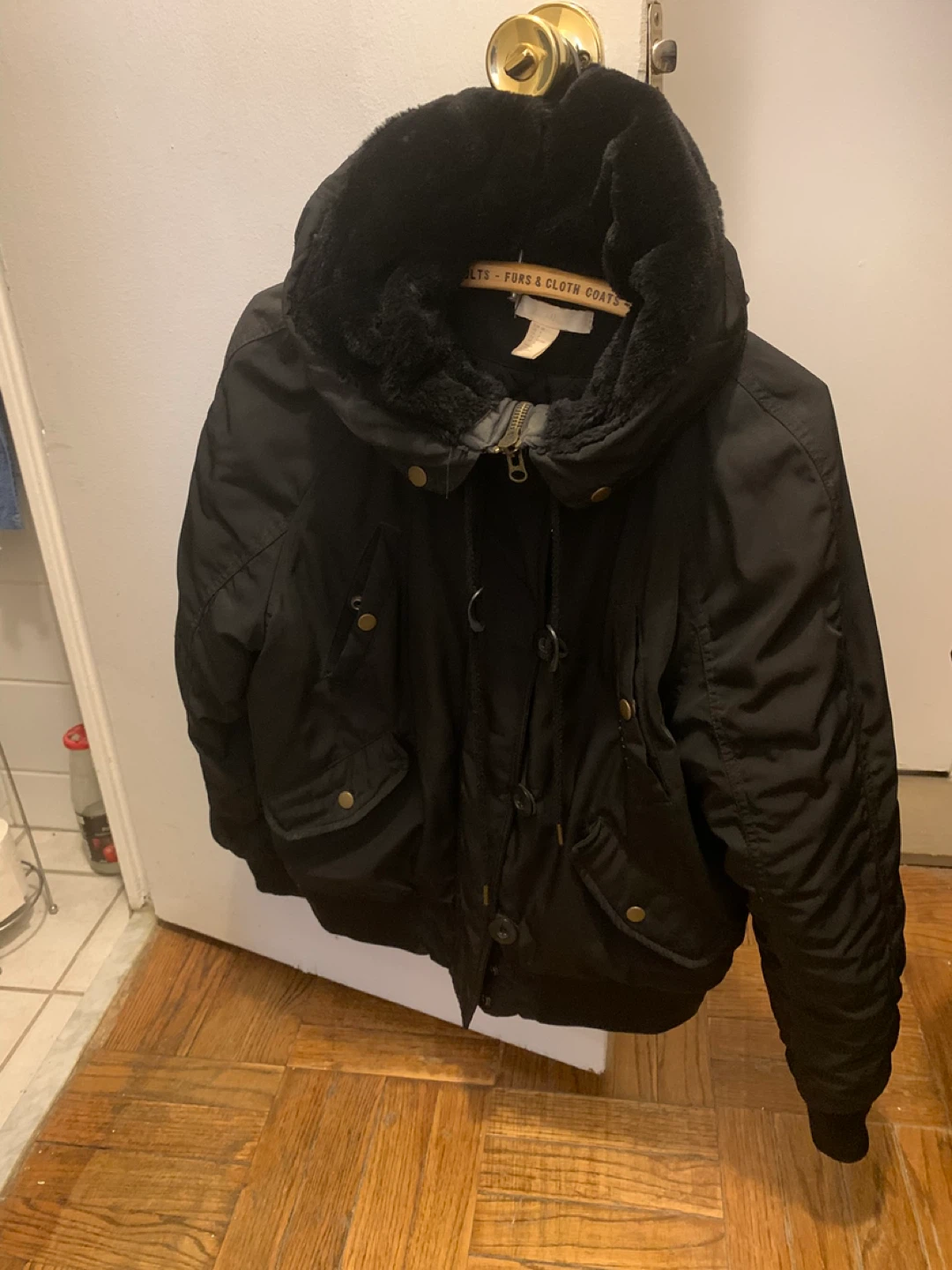 Black Bomber Winter Jacket with Fur-Lined Hood - photo 2