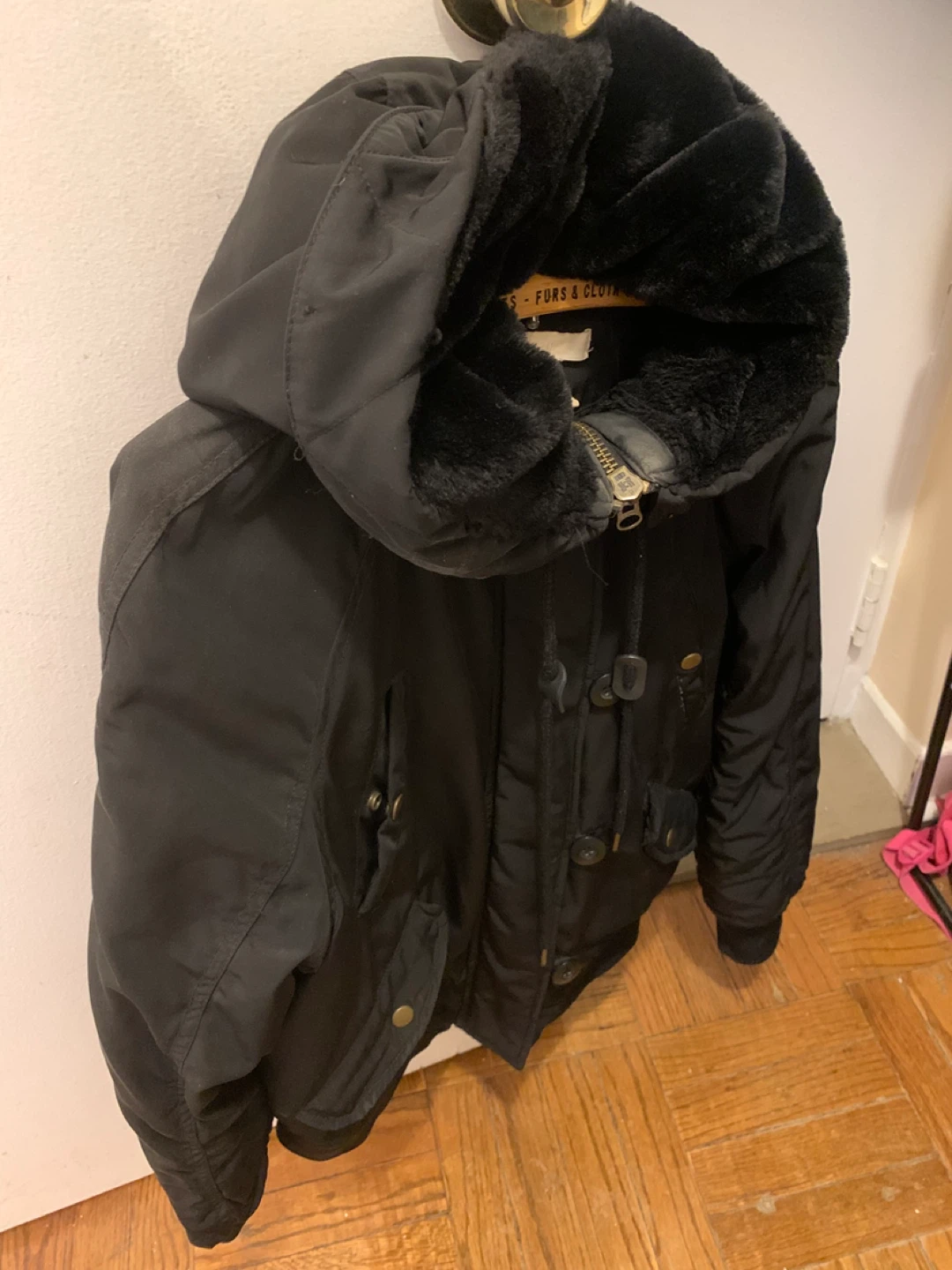Black Bomber Winter Jacket with Fur-Lined Hood - photo 3