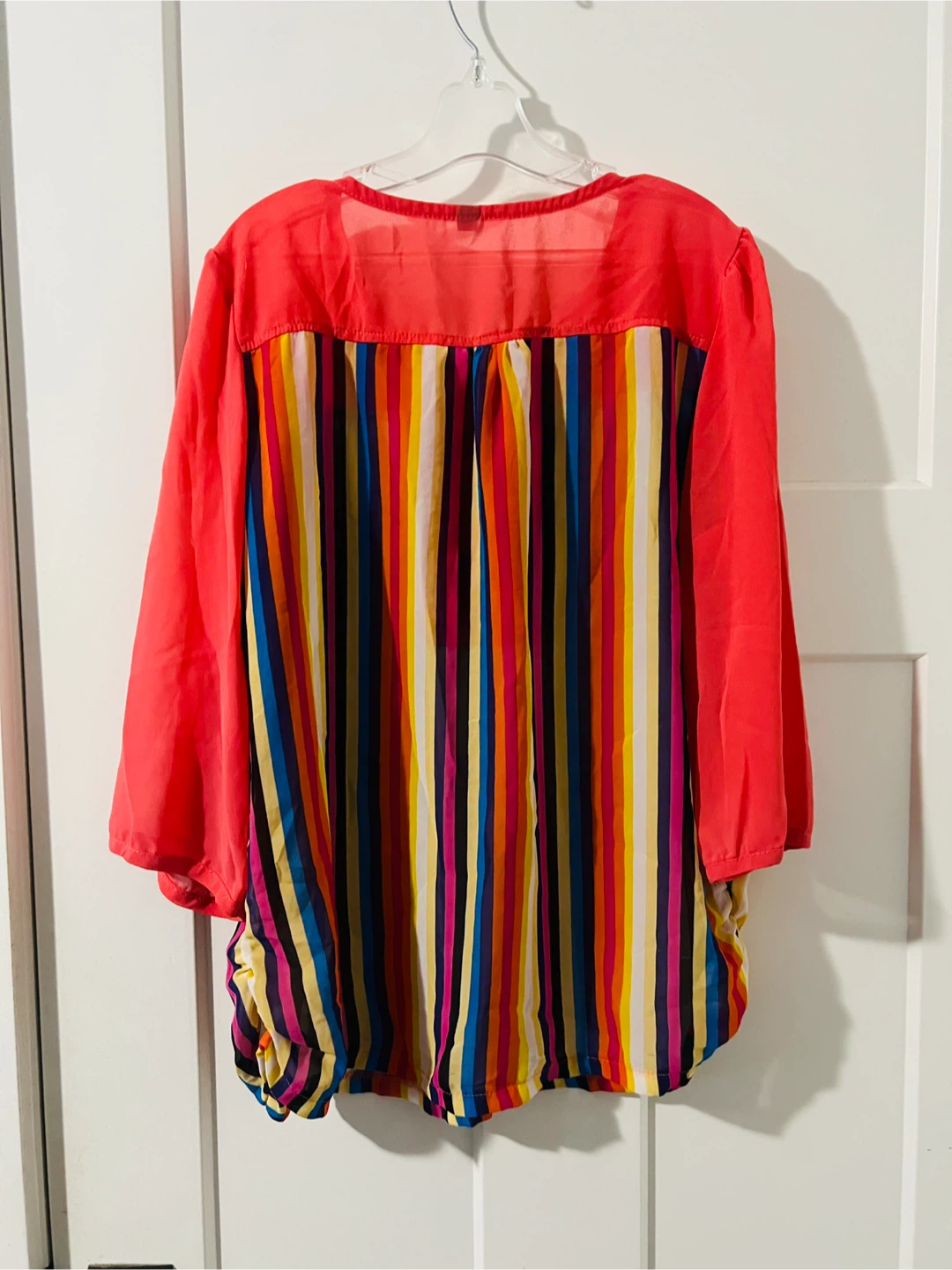 Women's Striped Blouse - Coral with Multi-Colour Stripes - photo 2