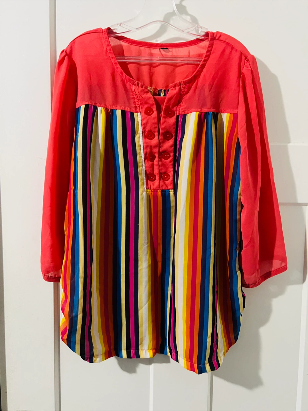 Women's Striped Blouse - Coral with Multi-Colour Stripes