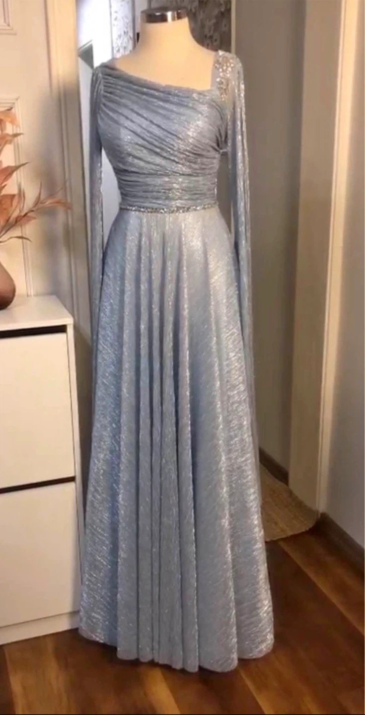 Sparkly Long-Sleeve Formal Gown - Blue/Pink