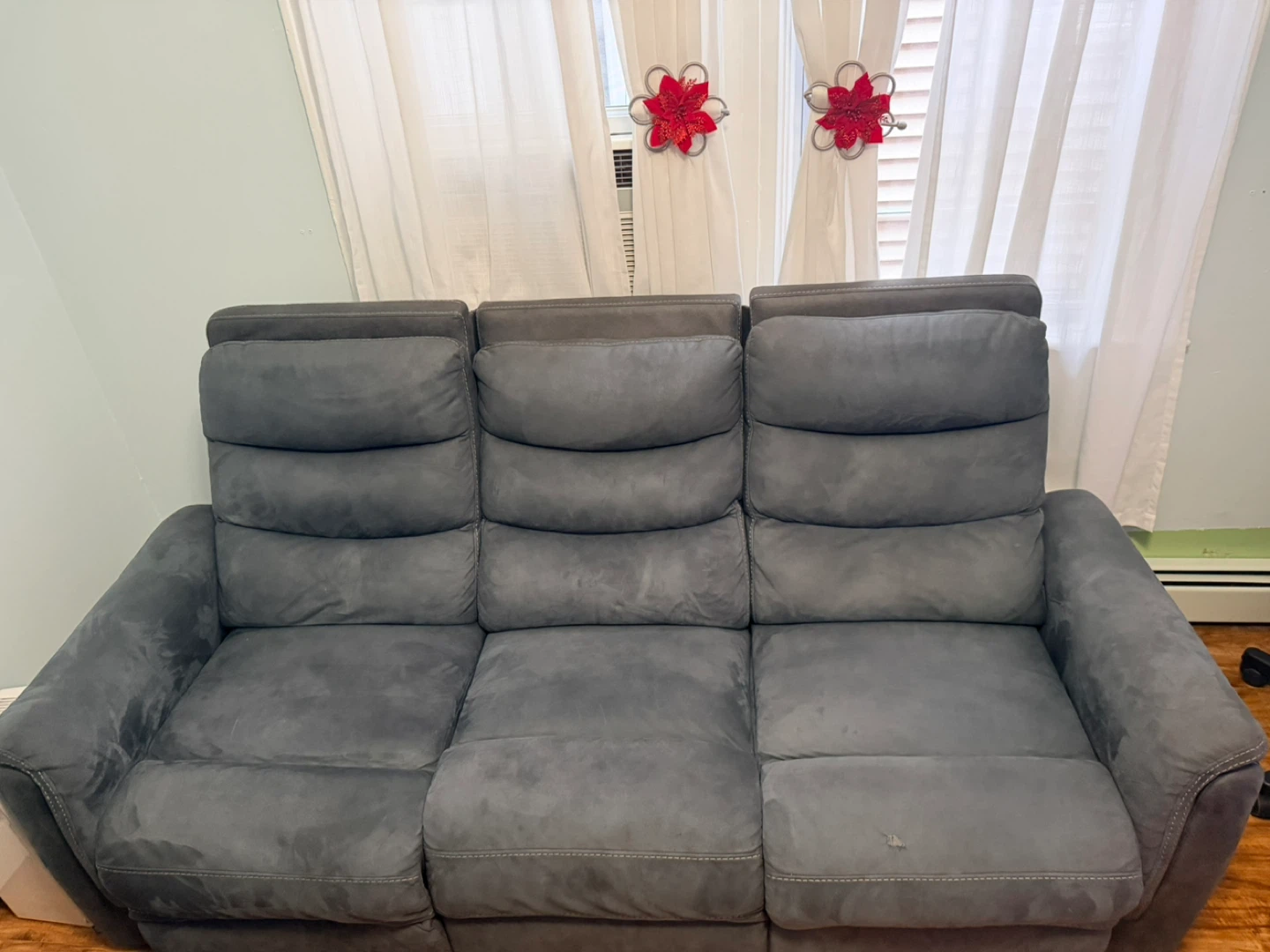 Dark Blue Reclining Sofa w/ USB & Cup Holders – Great Condition
