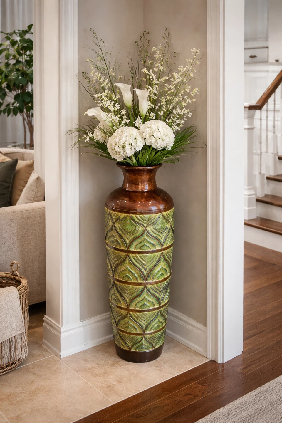 Large Decorative Vase with Green Embossed Pattern