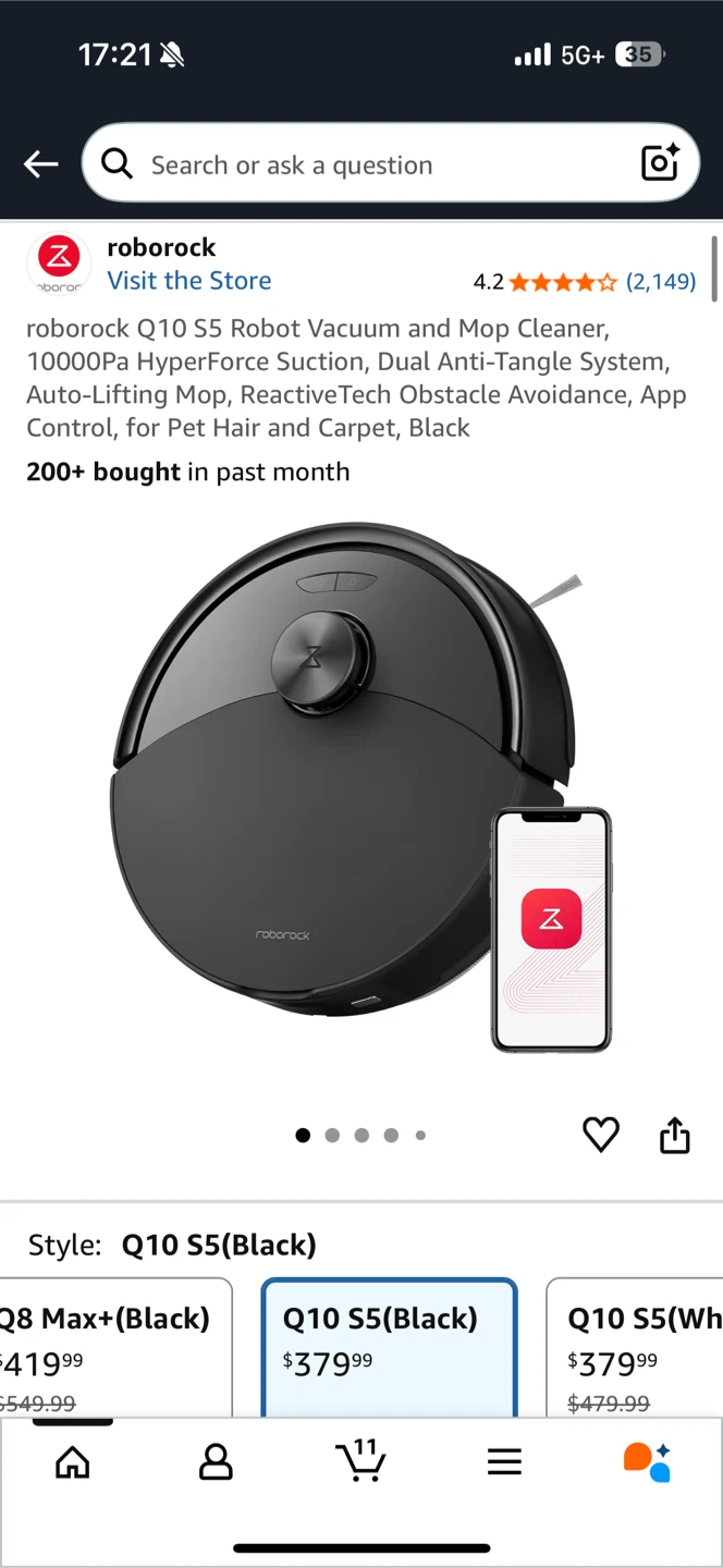 Roborock Q10 S5 Robot Vacuum and Mop Cleaner, Black