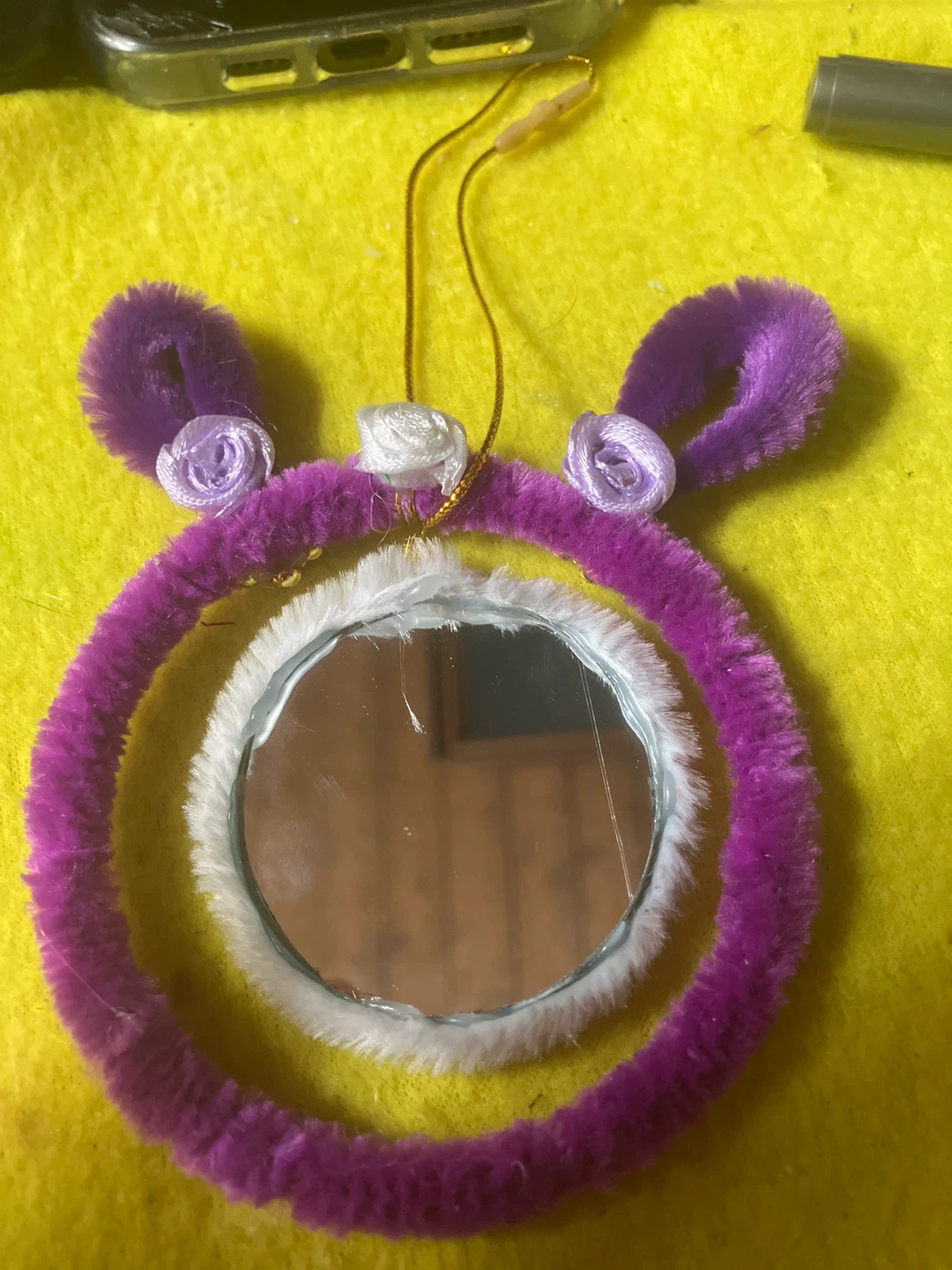Purple & White Fuzzy Mirror Ornament with Flowers