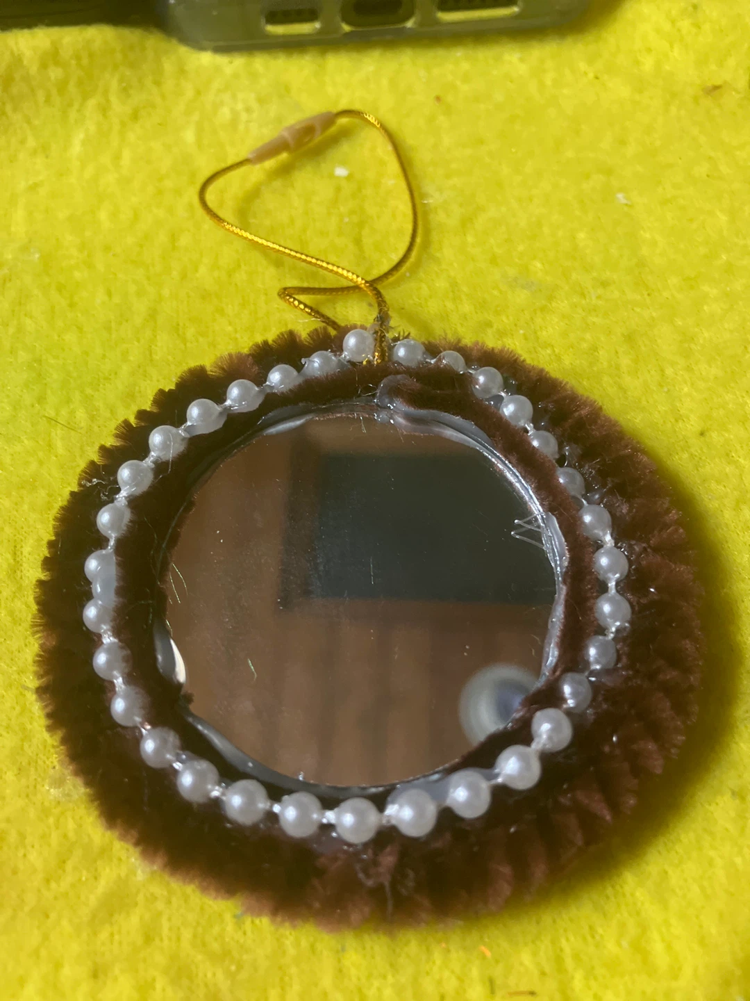 Small Round Mirror Ornament with Faux Pearls and Brown Trim