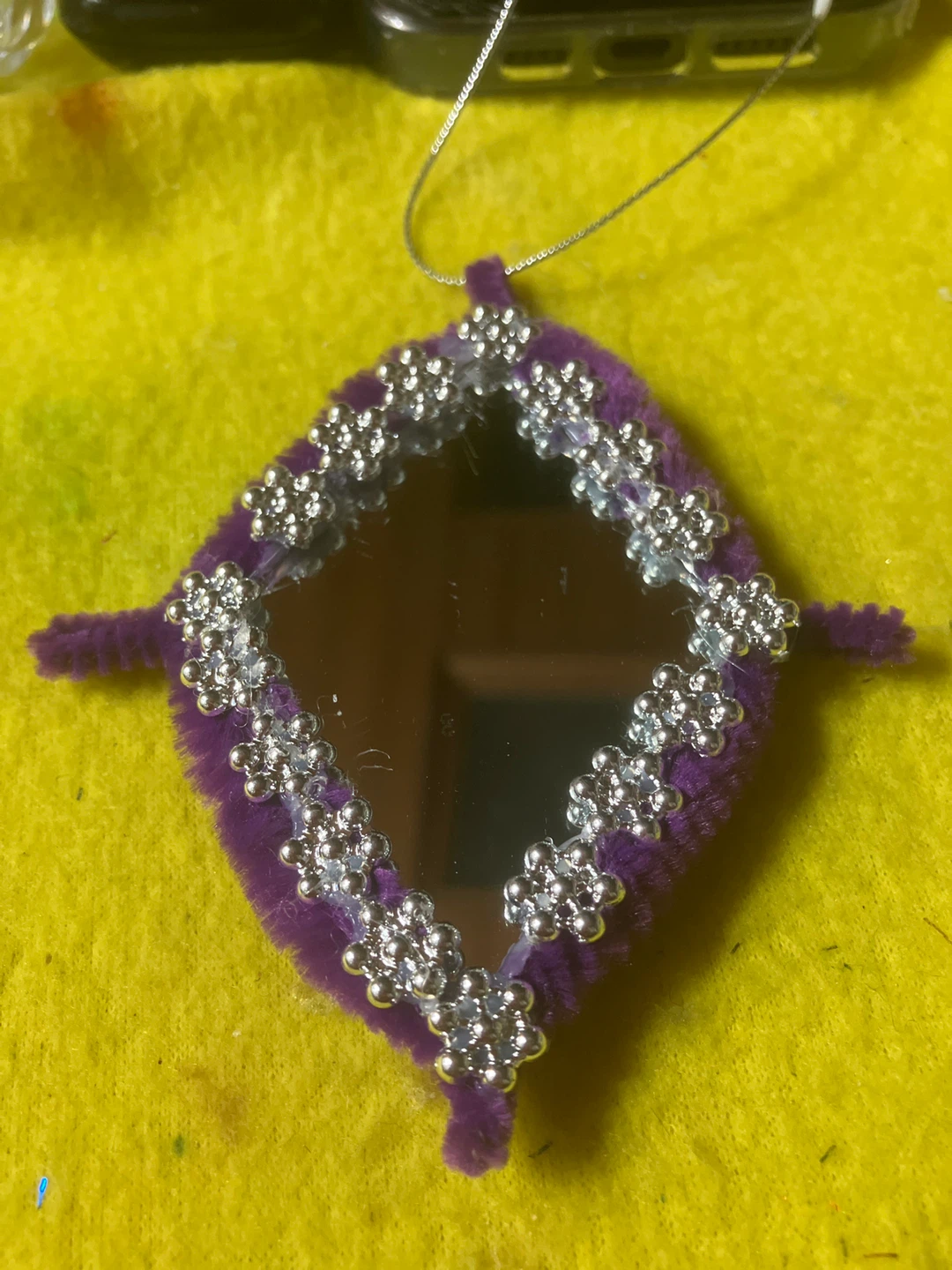 Purple Mirrored Ornament with Silver Beads
