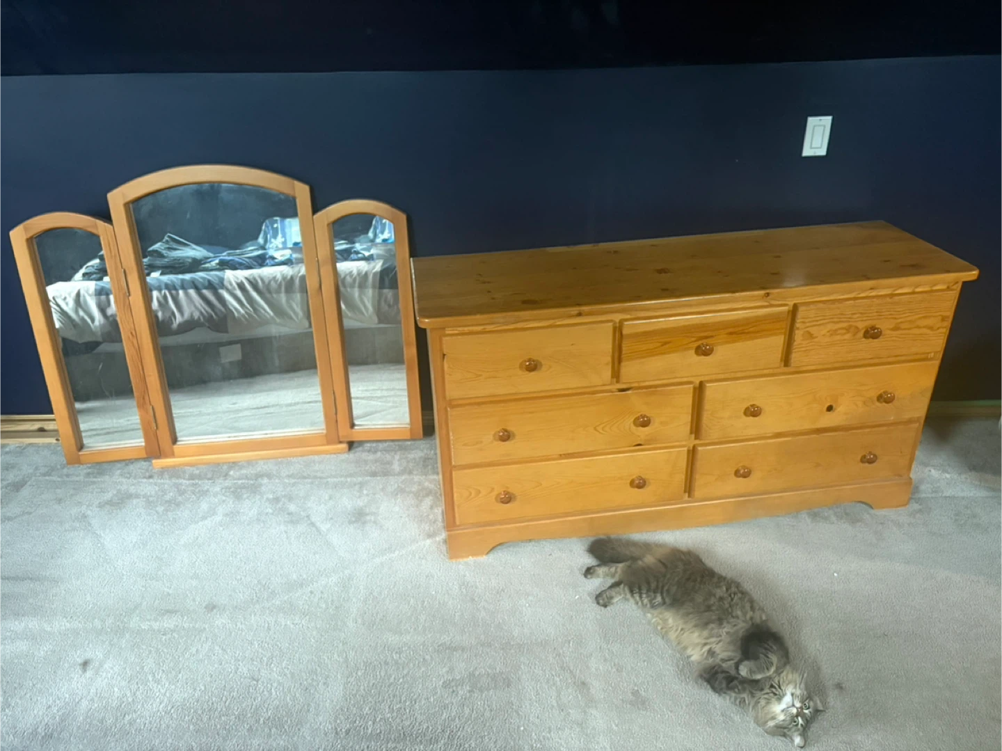 Wooden Dresser with Tri-Fold Mirror